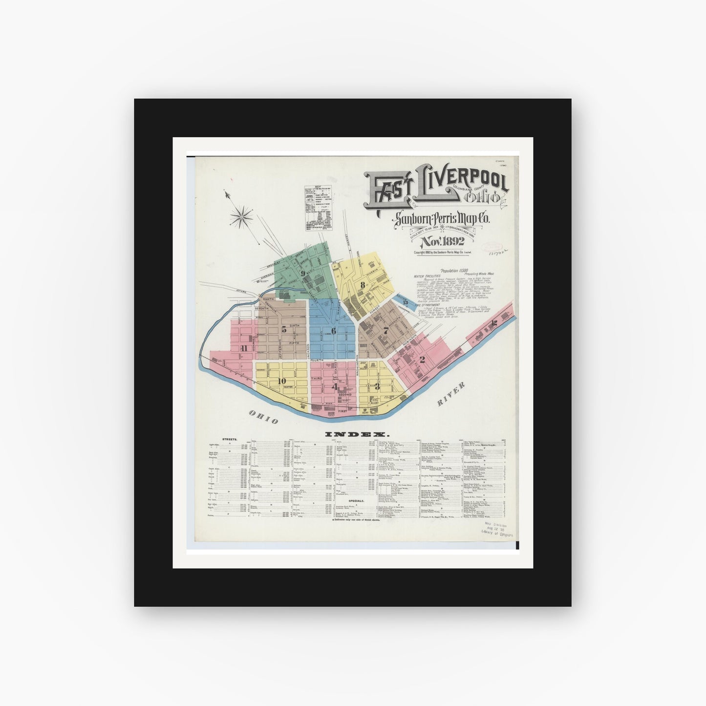 Old map wall art mockup β black gallery frame with white mat β Sanborn Fire Insurance Map from East Liverpool, Columbiana County, Ohio (1892) - Complete Map Set
