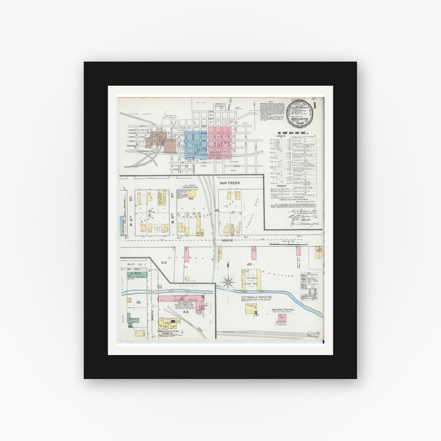Old map wall art mockup — black gallery frame with white mat — Sanborn Fire Insurance Map from Washington, Daviess County, Indiana (1892) - Complete Map Set