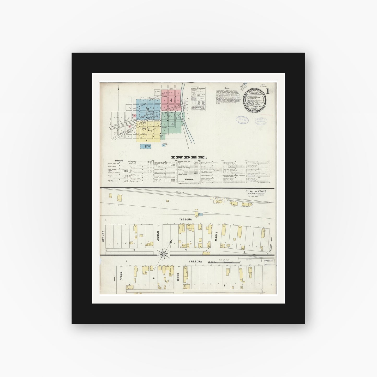 Old map wall art mockup — black gallery frame with white mat — Sanborn Fire Insurance Map from Hurley, Iron County, Wisconsin (1898) - Complete Map Set