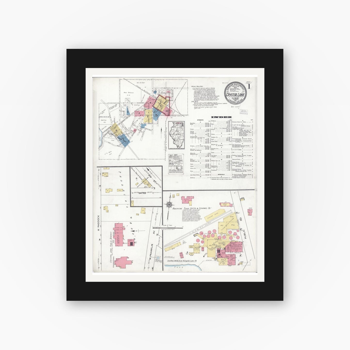 Old map wall art mockup — black gallery frame with white mat — Sanborn Fire Insurance Map from Crystal Lake, McHenry County, Illinois (1921), Sheet #0001