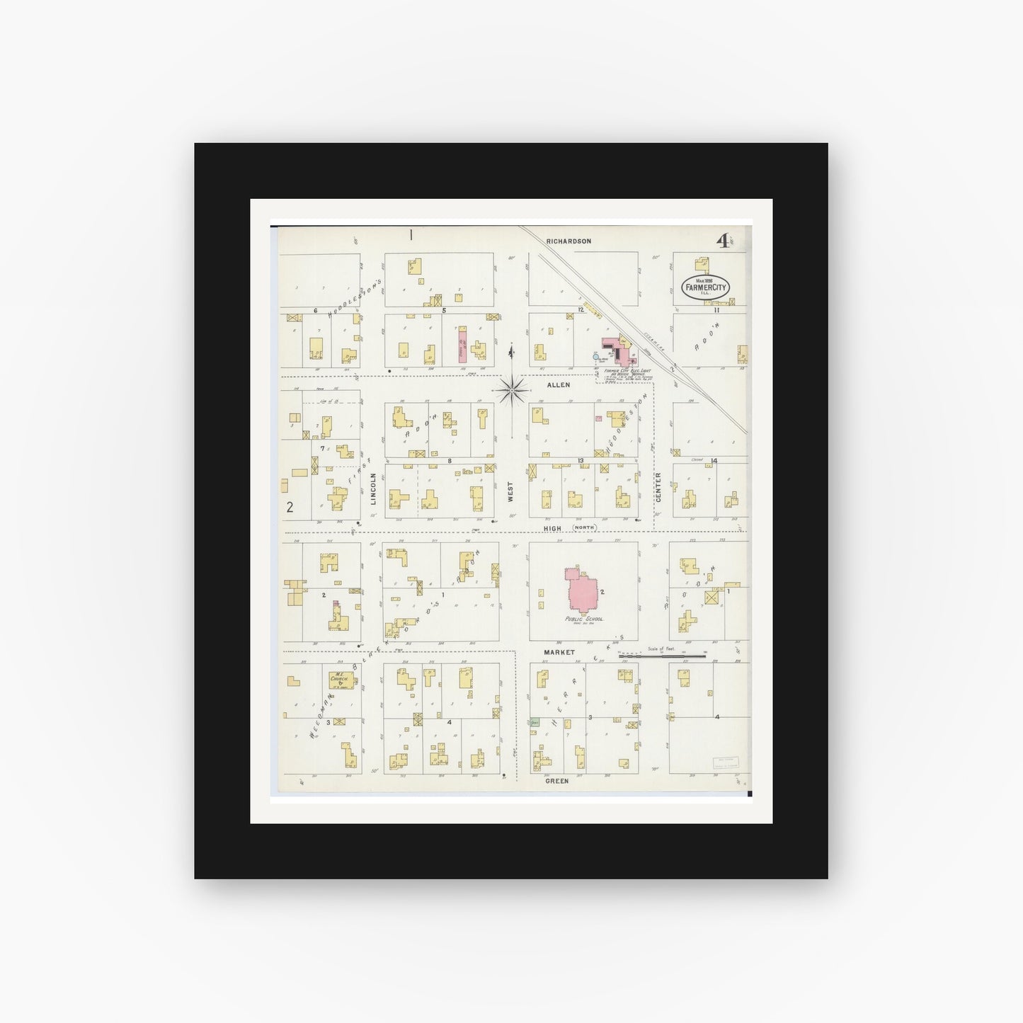 Old map wall art mockup — black gallery frame with white mat — Sanborn Fire Insurance Map from Farmer City, De Witt County, Illinois (1898), Sheet #0004