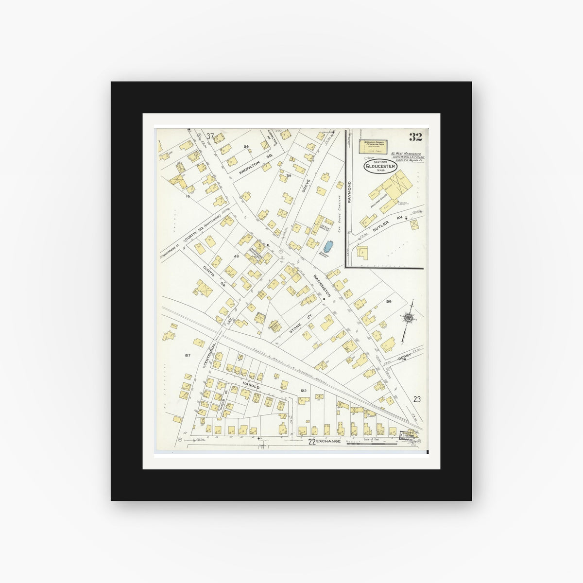 Old map wall art mockup — black gallery frame with white mat — Sanborn Fire Insurance Map from Gloucester, Essex County, Massachusetts (1909), Sheet #0032