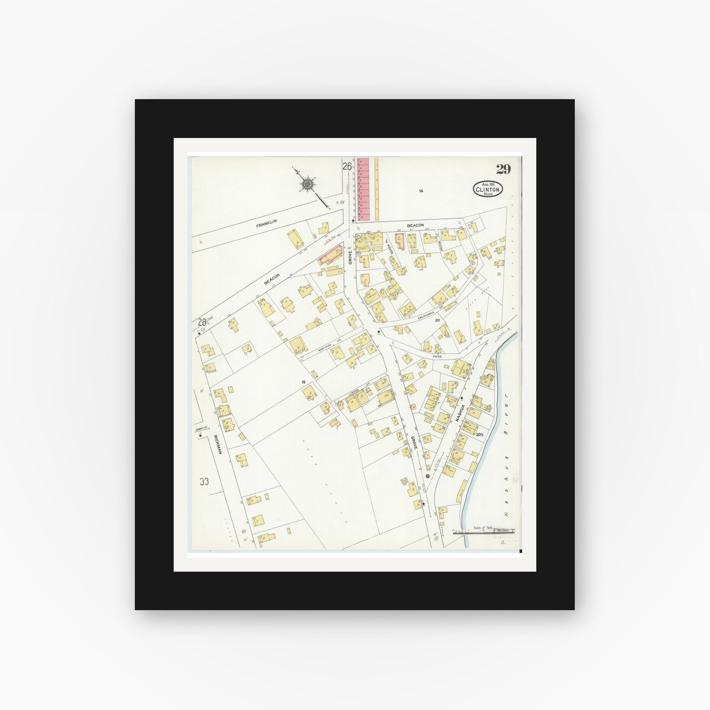 Old map wall art mockup — black gallery frame with white mat — Sanborn Fire Insurance Map from Clinton, Worcester County, Massachusetts (1911), Sheet #0029