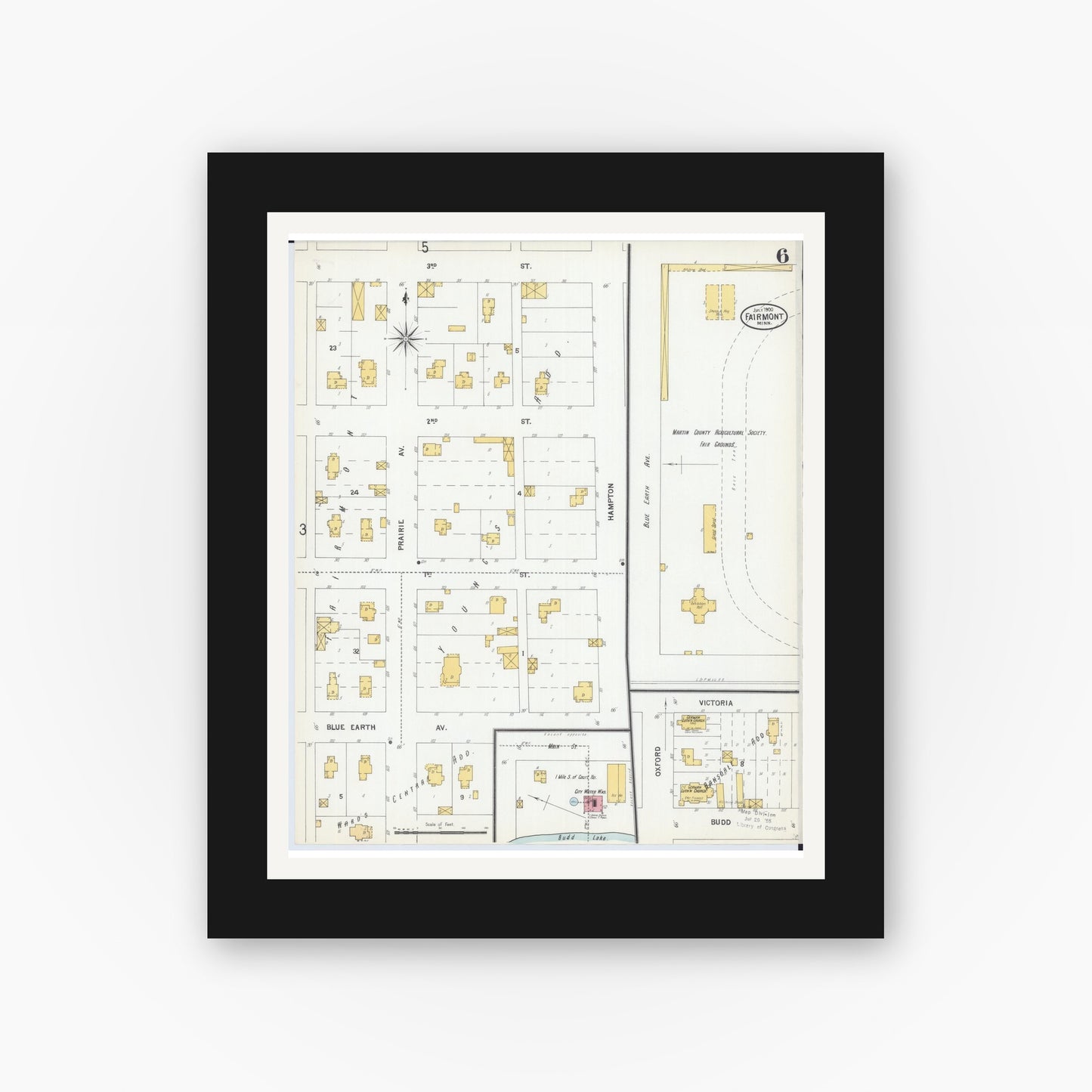 Old map wall art mockup — black gallery frame with white mat — Sanborn Fire Insurance Map from Fairmont, Martin County, Minnesota (1900), Sheet #0006