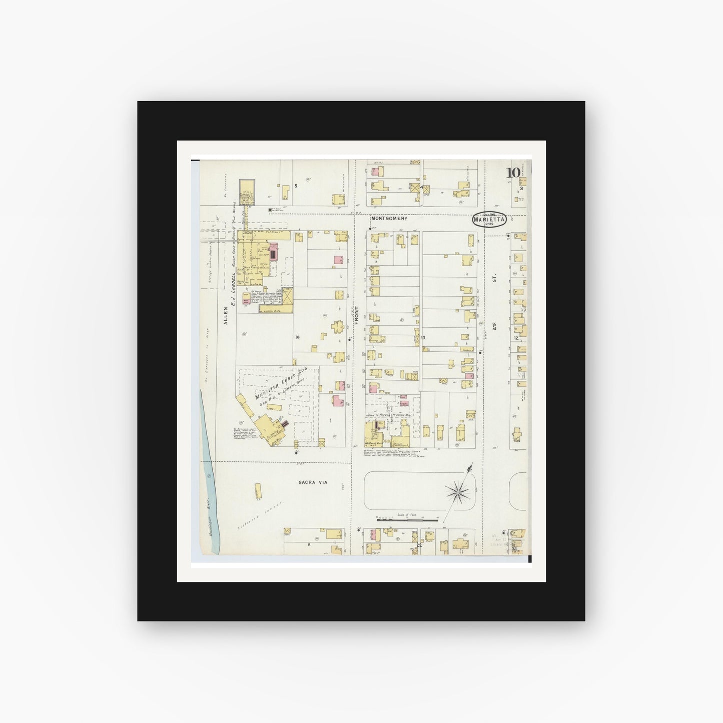 Old map wall art mockup — black gallery frame with white mat — Sanborn Fire Insurance Map from Marietta, Washington County, Ohio (1896), Sheet #0010