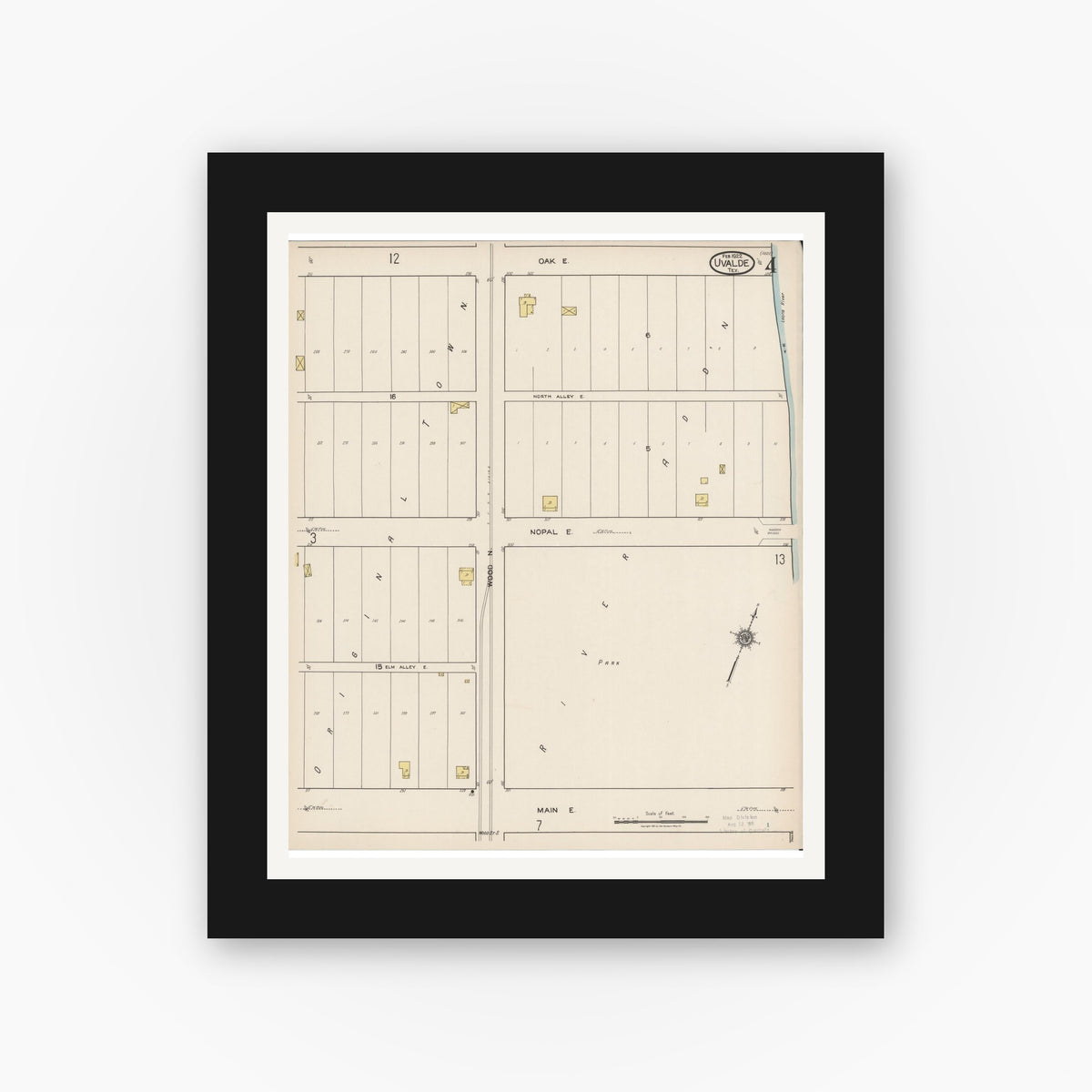 Old map wall art mockup — black gallery frame with white mat — Sanborn Fire Insurance Map from Uvalde, Uvalde County, Texas (1922), Sheet #0004