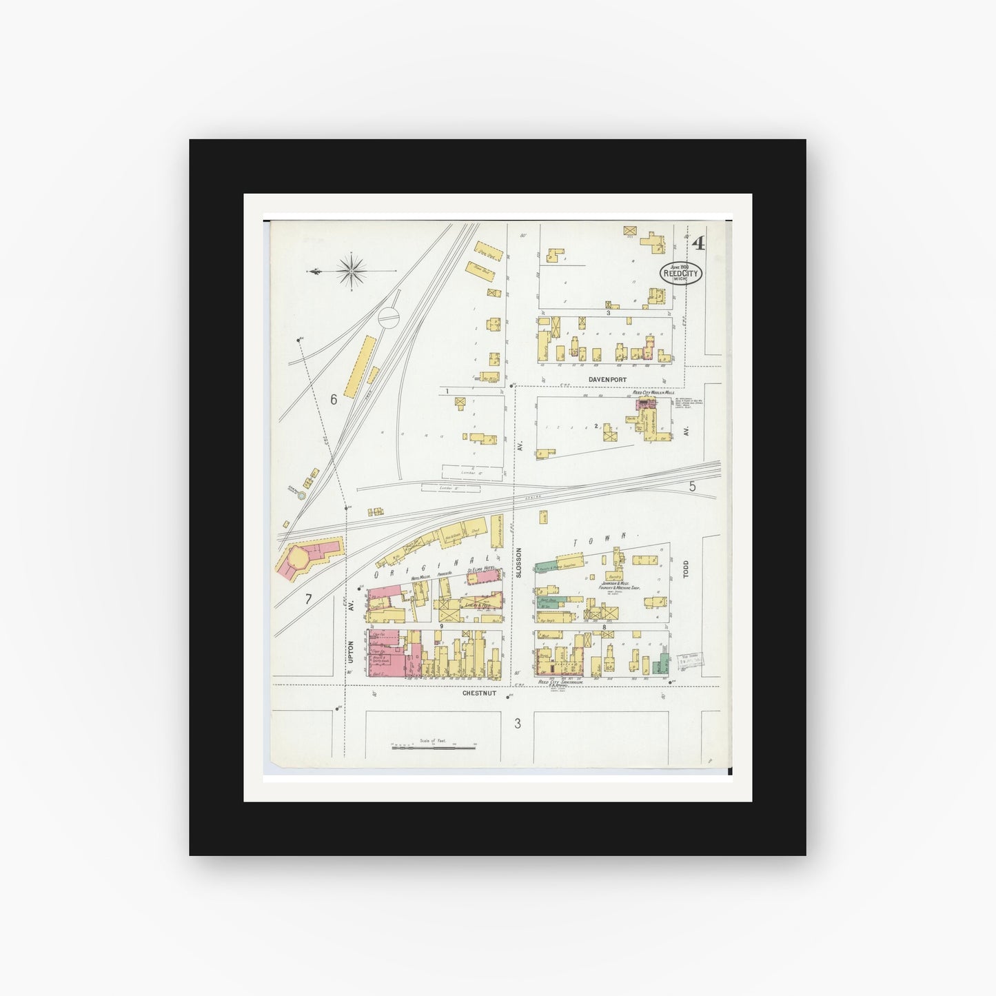 Old map wall art mockup — black gallery frame with white mat — Sanborn Fire Insurance Map from Reed City, Osceola County, Michigan (1900), Sheet #0004