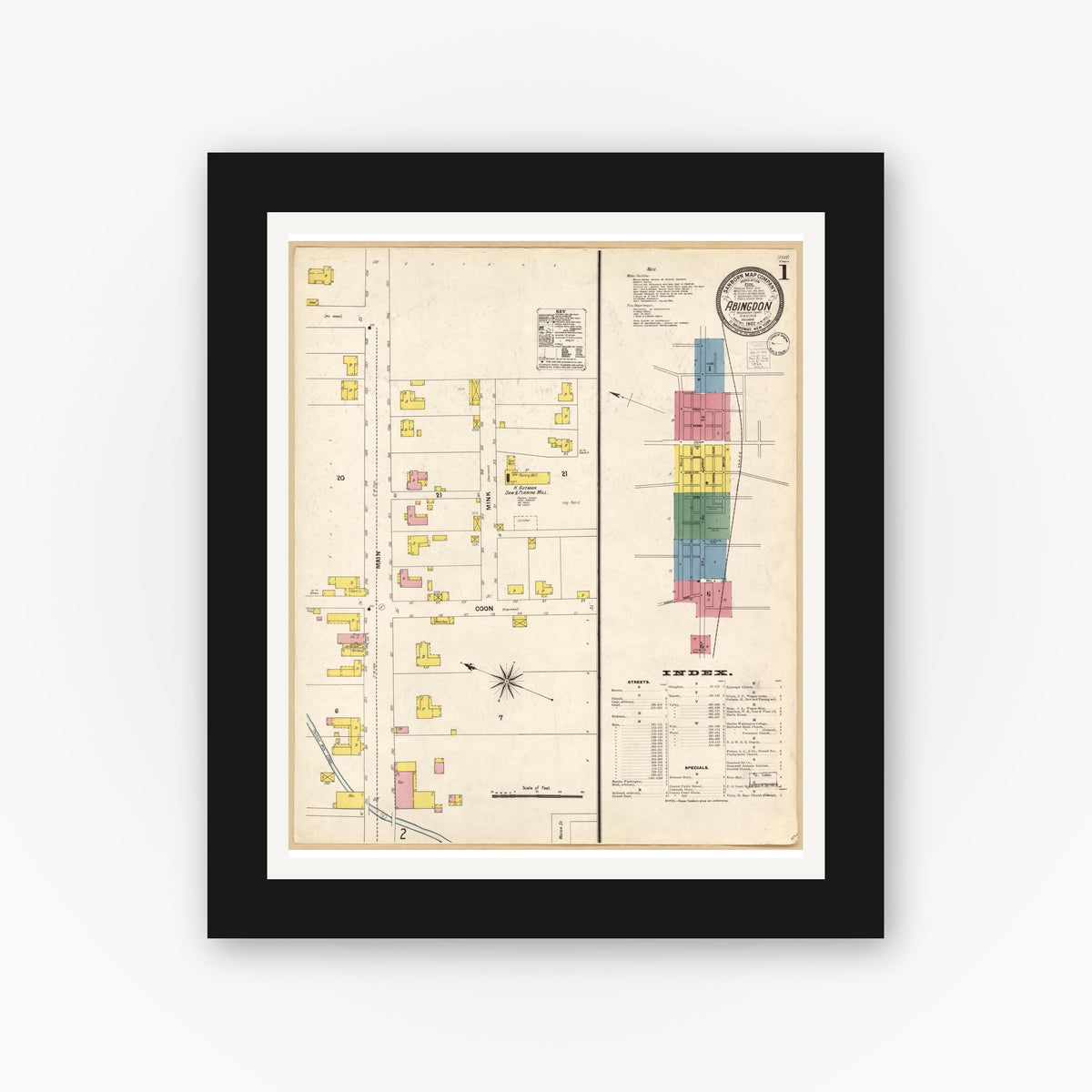 Old map wall art mockup — black gallery frame with white mat — Sanborn Fire Insurance Map from Abingdon, Washington County, Virginia (1902), Sheet #0001