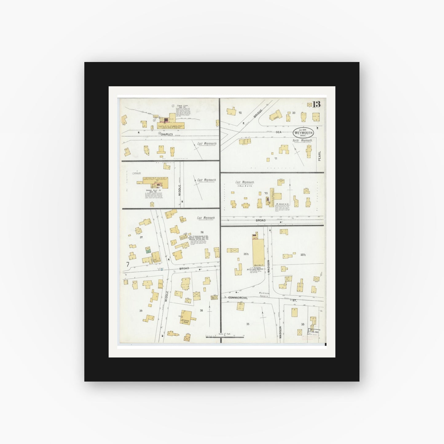 Old map wall art mockup — black gallery frame with white mat — Sanborn Fire Insurance Map from Weymouth, Norfolk County, Massachusetts (1899), Sheet #0013
