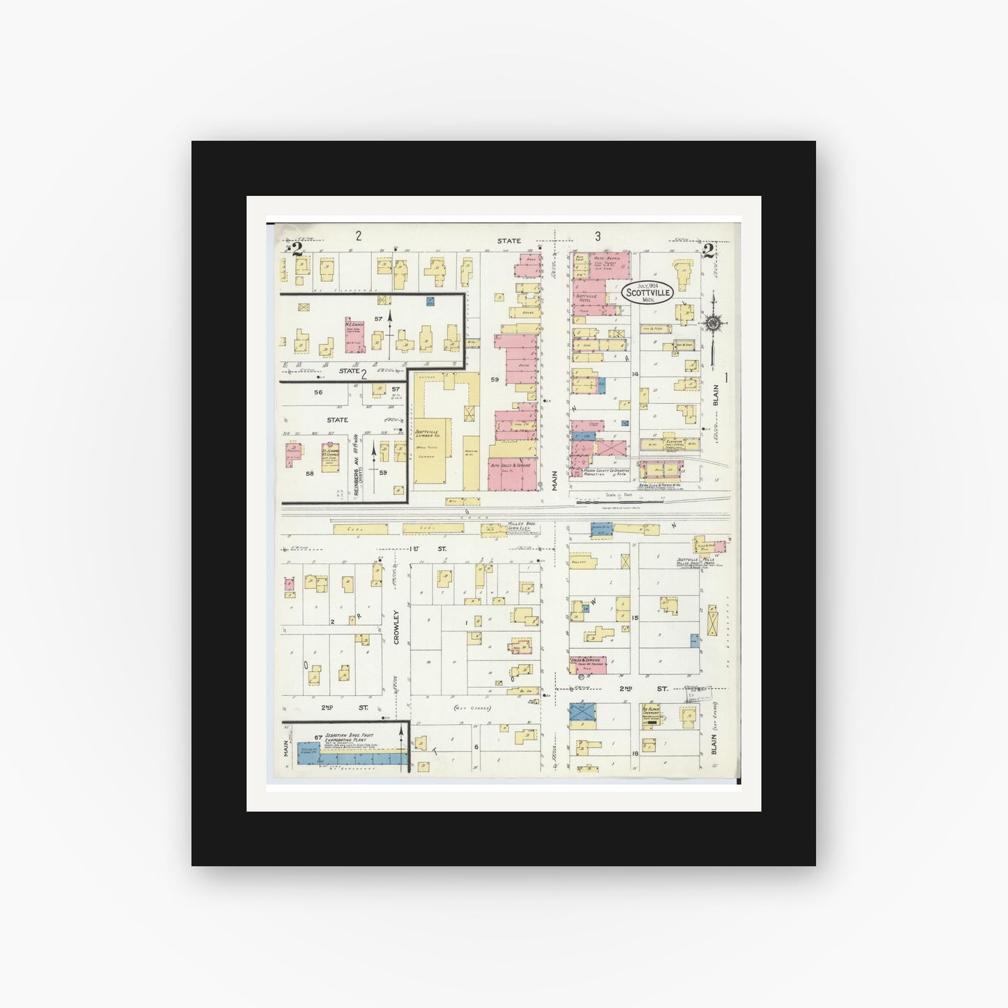 Old map wall art mockup — black gallery frame with white mat — Sanborn Fire Insurance Map from Scottville, Mason County, Michigan (1924), Sheet #0002