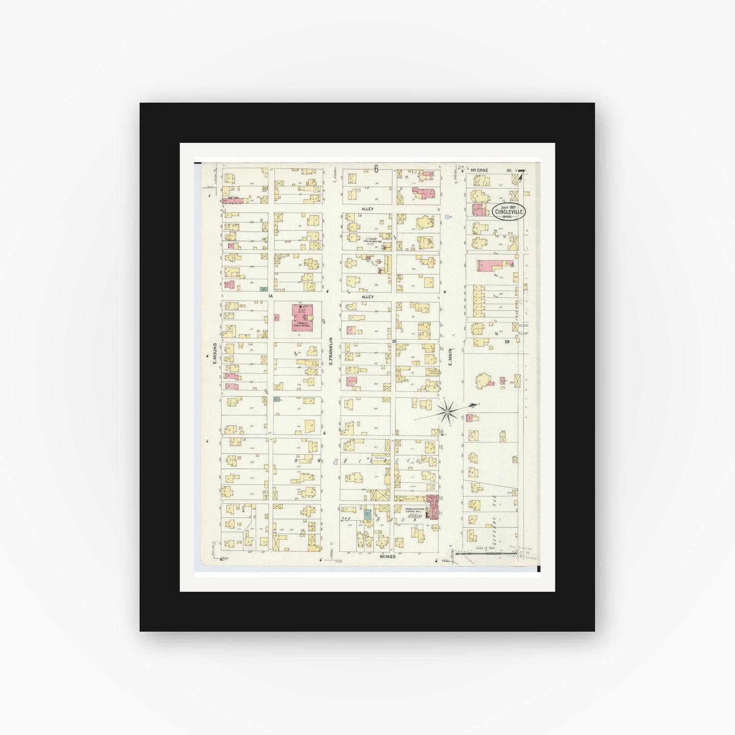 Old map wall art mockup — black gallery frame with white mat — Sanborn Fire Insurance Map from Circleville, Pickaway County, Ohio (1907), Sheet #0007
