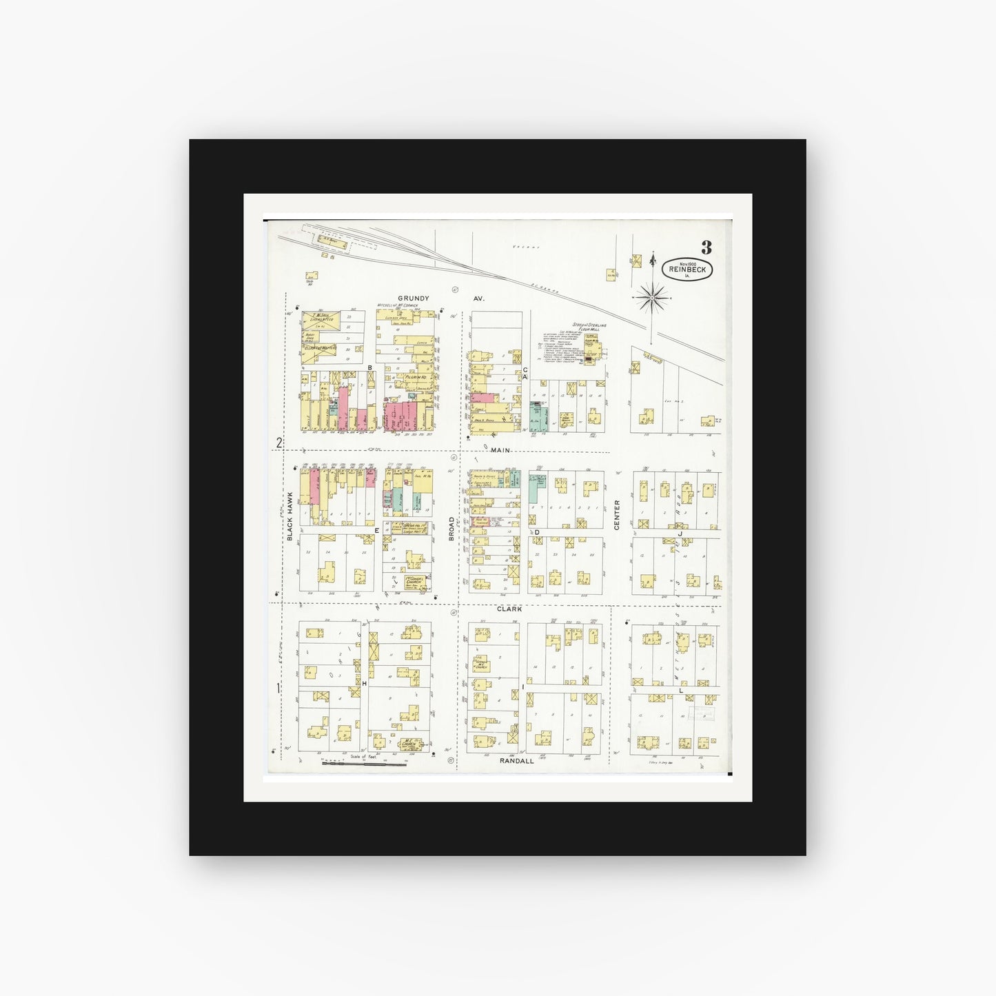 Old map wall art mockup β black gallery frame with white mat β Sanborn Fire Insurance Map from Reinbeck, Grundy County, Iowa (1900), Sheet #0003