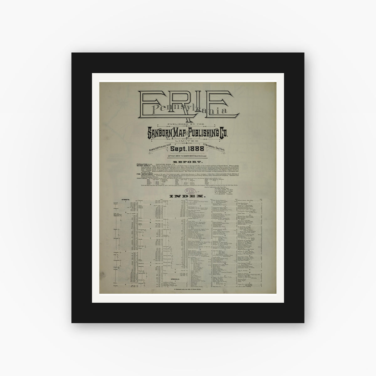 Old map wall art mockup — black gallery frame with white mat — Sanborn Fire Insurance Map from Erie, Erie County, Pennsylvania (1888), Sheet #0001