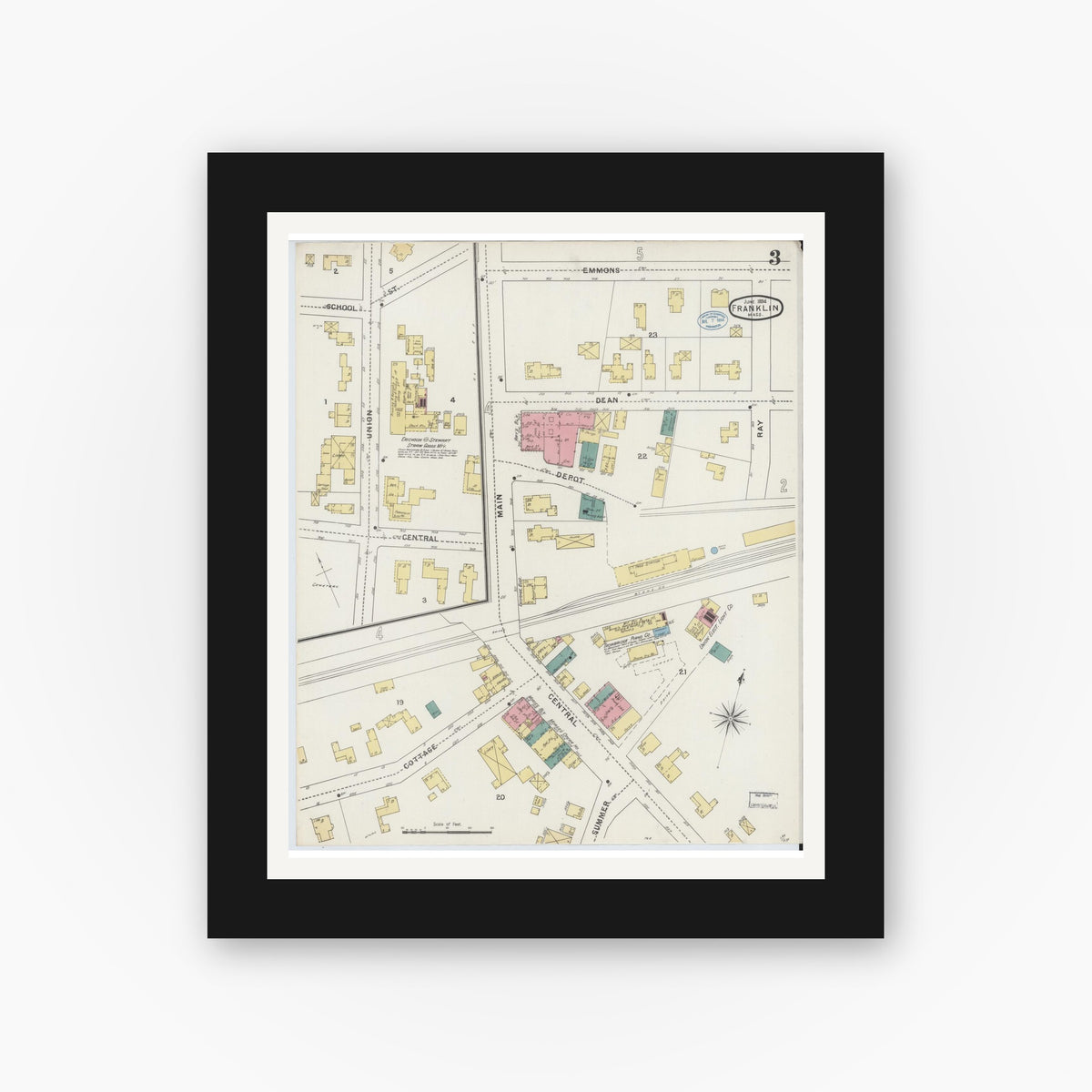 Old map wall art mockup — black gallery frame with white mat — Sanborn Fire Insurance Map from Franklin, Norfolk County, Massachusetts (1894), Sheet #0003