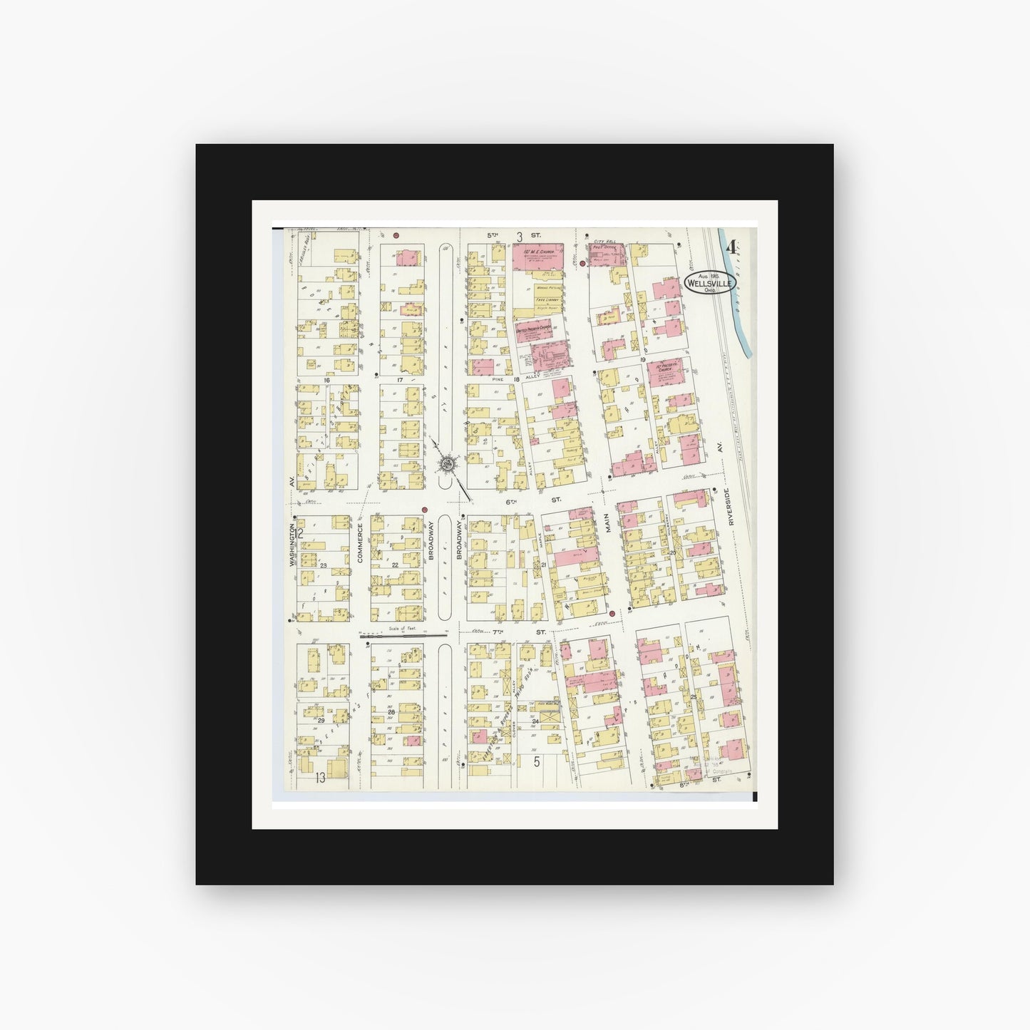 Old map wall art mockup — black gallery frame with white mat — Sanborn Fire Insurance Map from Wellsville, Columbiana County, Ohio (1915), Sheet #0004