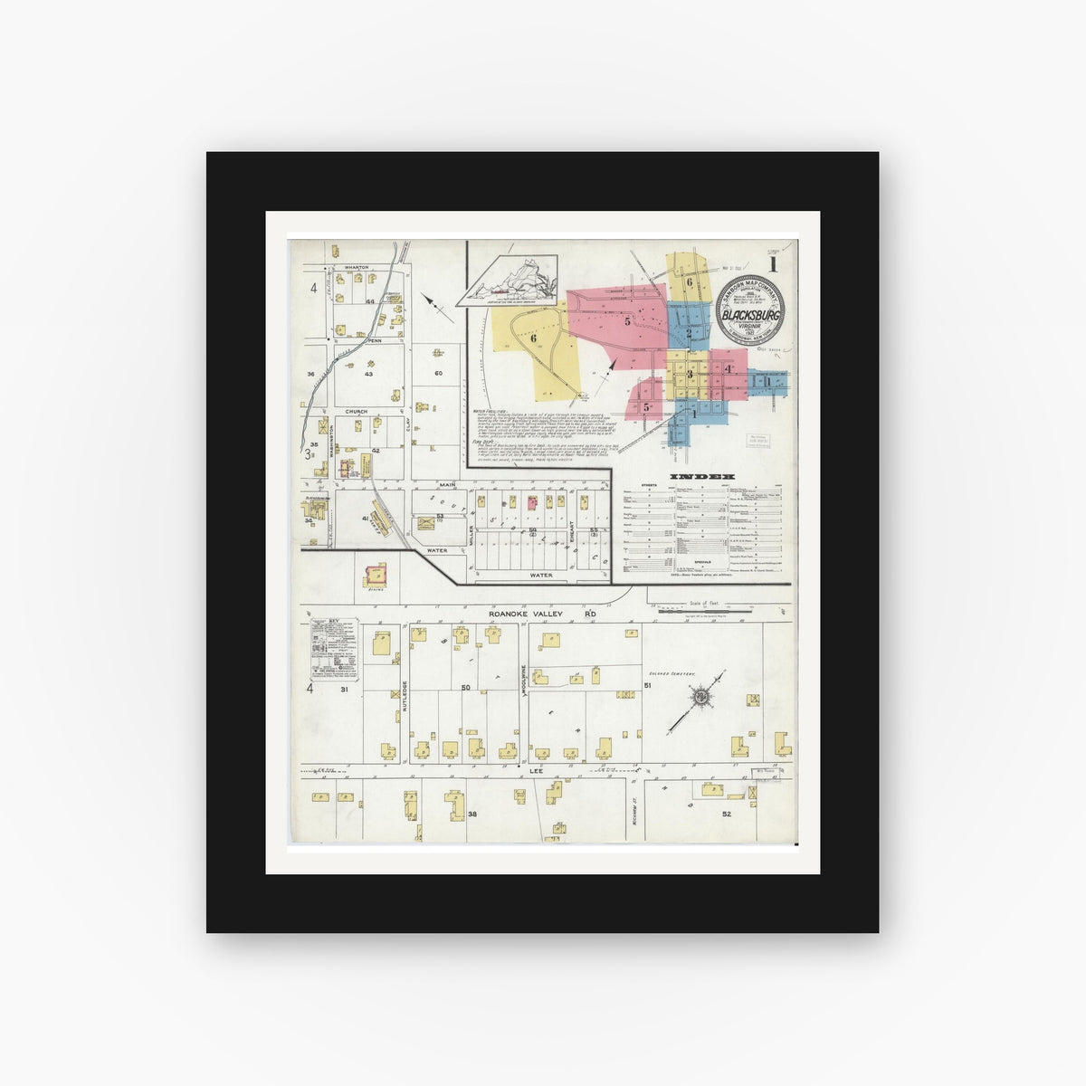 Old map wall art mockup — black gallery frame with white mat — Sanborn Fire Insurance Map from Blacksburg, Montgomery County, Virginia (1921) - Complete Map Set