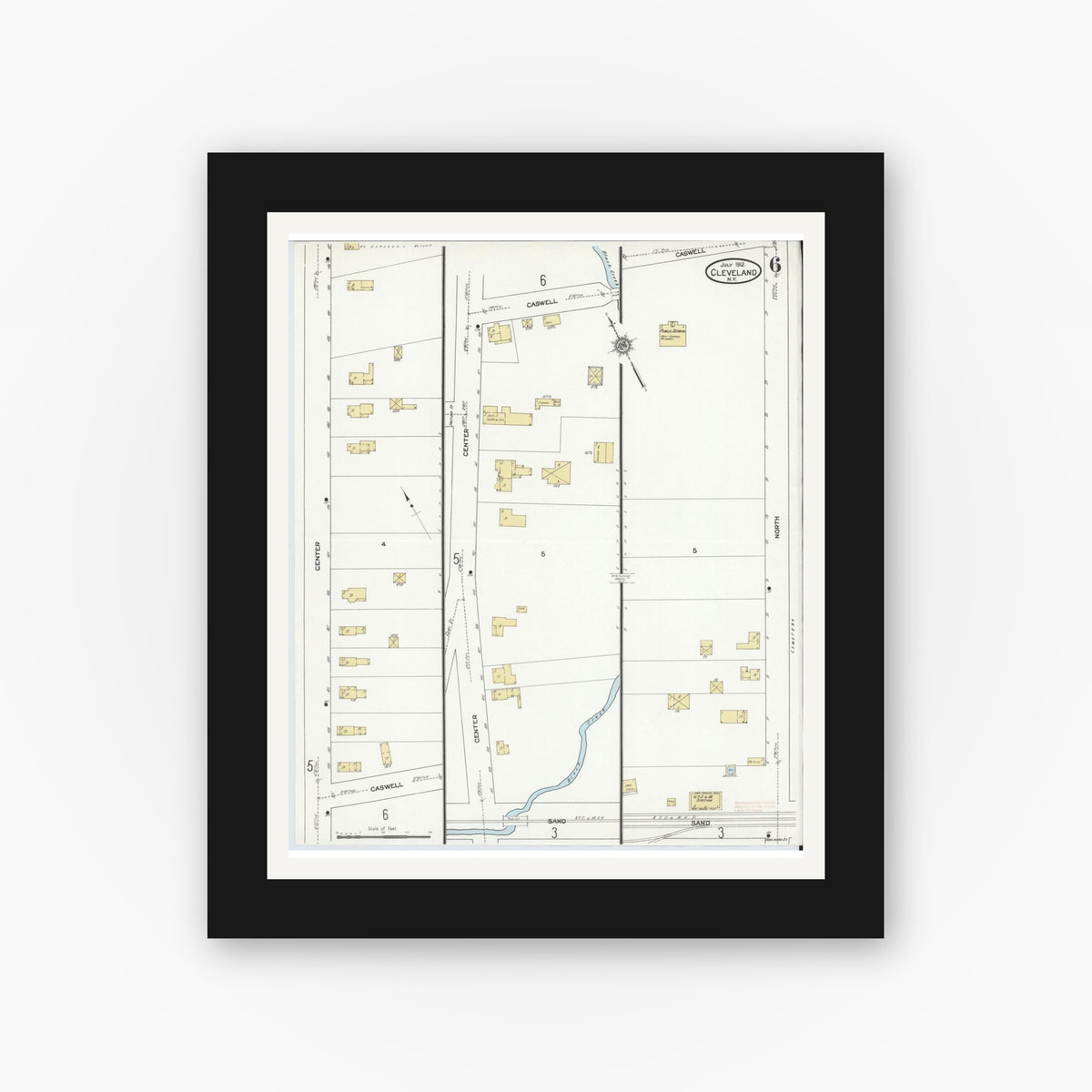 Old map wall art mockup — black gallery frame with white mat — Sanborn Fire Insurance Map from Cleveland, Oswego County, New York (1912), Sheet #0006