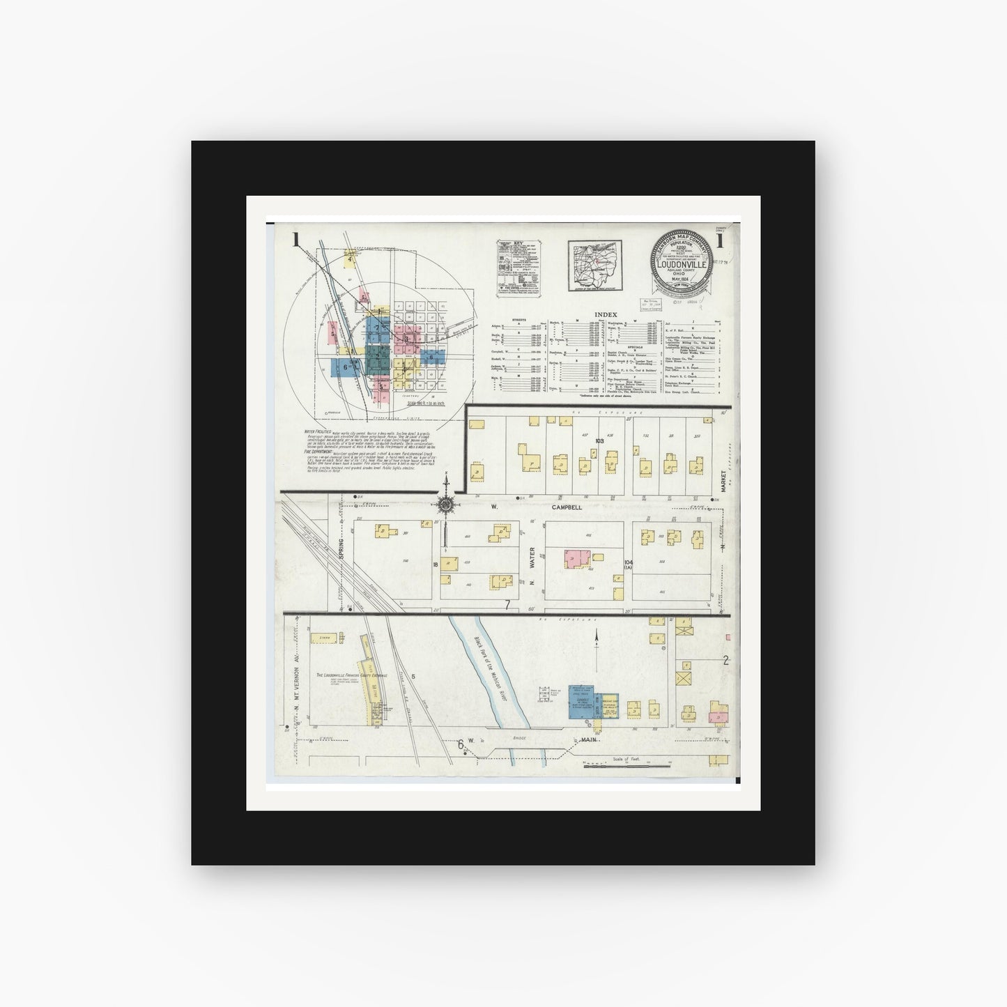 Old map wall art mockup — black gallery frame with white mat — Sanborn Fire Insurance Map from Loudonville, Ashland County, Ohio (1924) - Complete Map Set