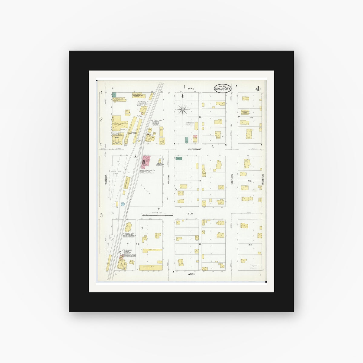 Old map wall art mockup — black gallery frame with white mat — Sanborn Fire Insurance Map from Mason City, Mason County, Illinois (1909), Sheet #0004