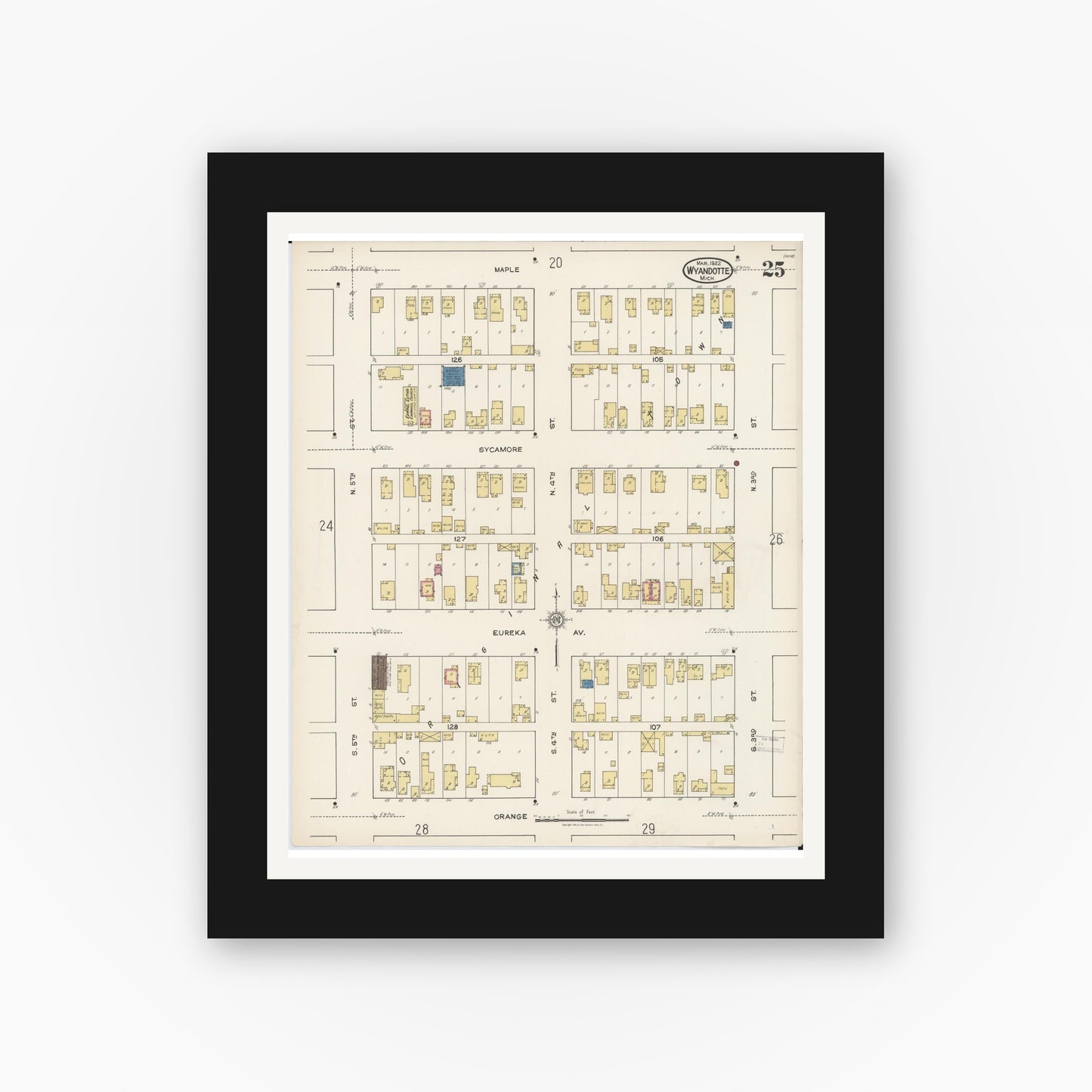 Old map wall art mockup — black gallery frame with white mat — Sanborn Fire Insurance Map from Wyandotte, Wayne County, Michigan (1922), Sheet #0025