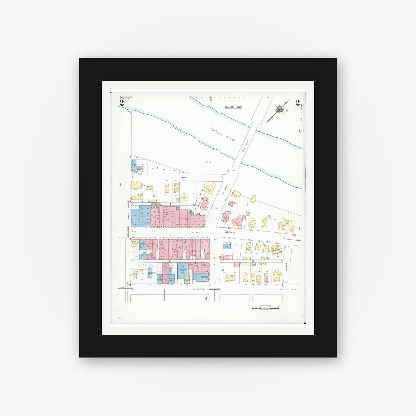 Old map wall art mockup — black gallery frame with white mat — Sanborn Fire Insurance Map from Elmore, Ottawa County, Ohio (1948), Sheet #0002