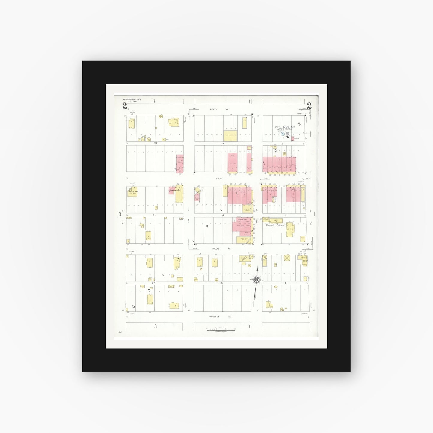 Old map wall art mockup — black gallery frame with white mat — Sanborn Fire Insurance Map from Normangee, Leon County, Texas (1937), Sheet #0002