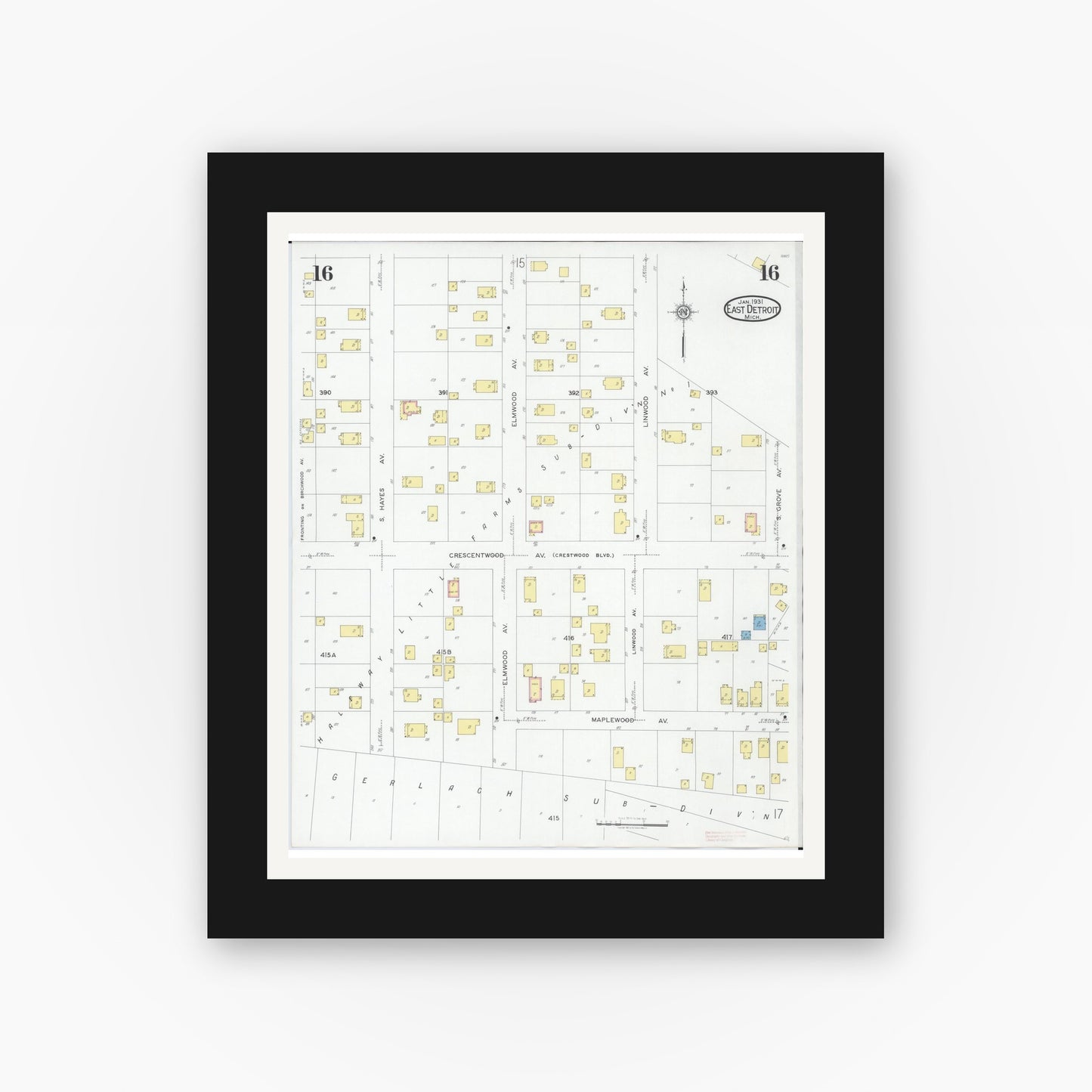 Old map wall art mockup — black gallery frame with white mat — Sanborn Fire Insurance Map from East Detroit, Macomb County, Michigan (1931), Sheet #0016