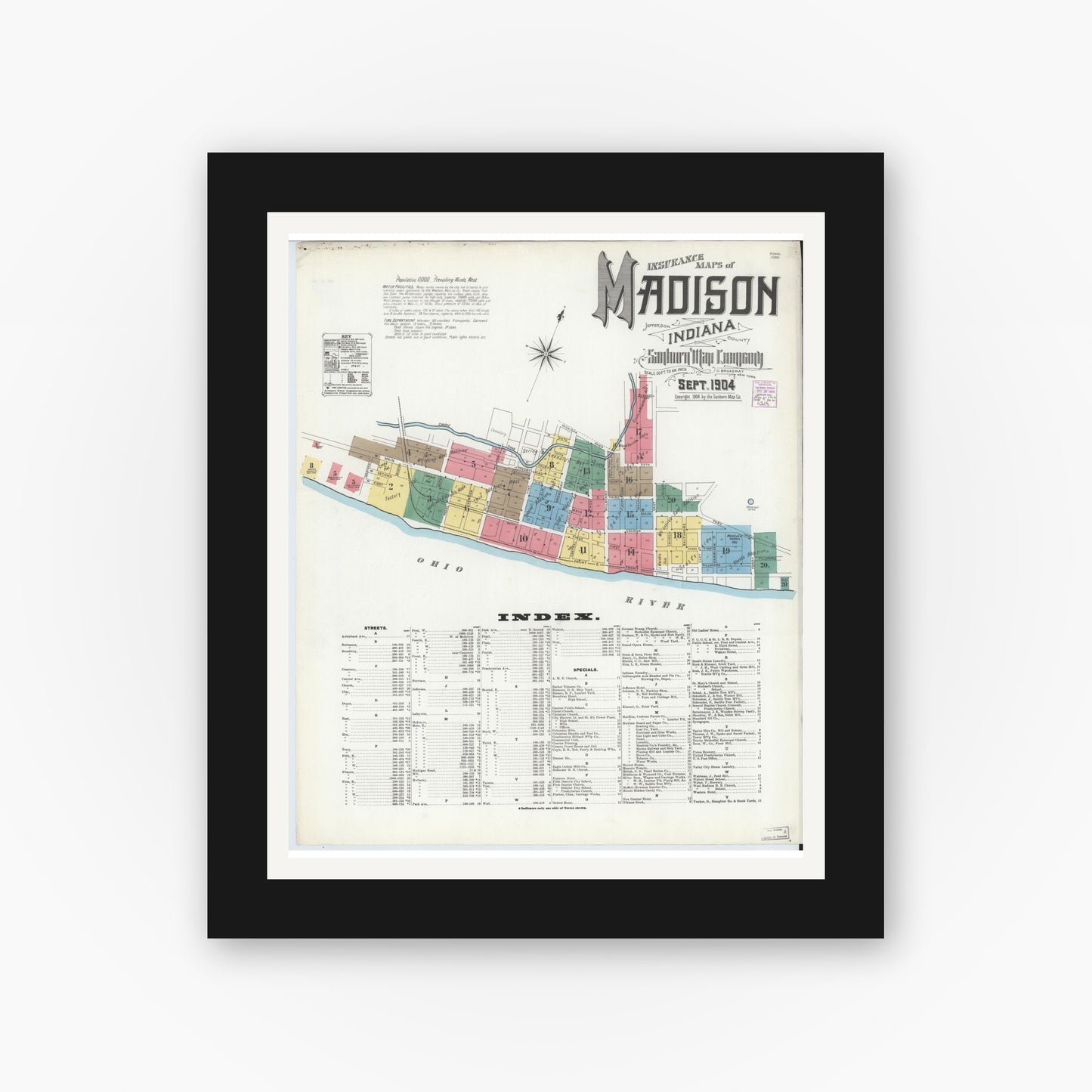 Old map wall art mockup — black gallery frame with white mat — Sanborn Fire Insurance Map from Madison, Jefferson County, Indiana (1904), Sheet #0001