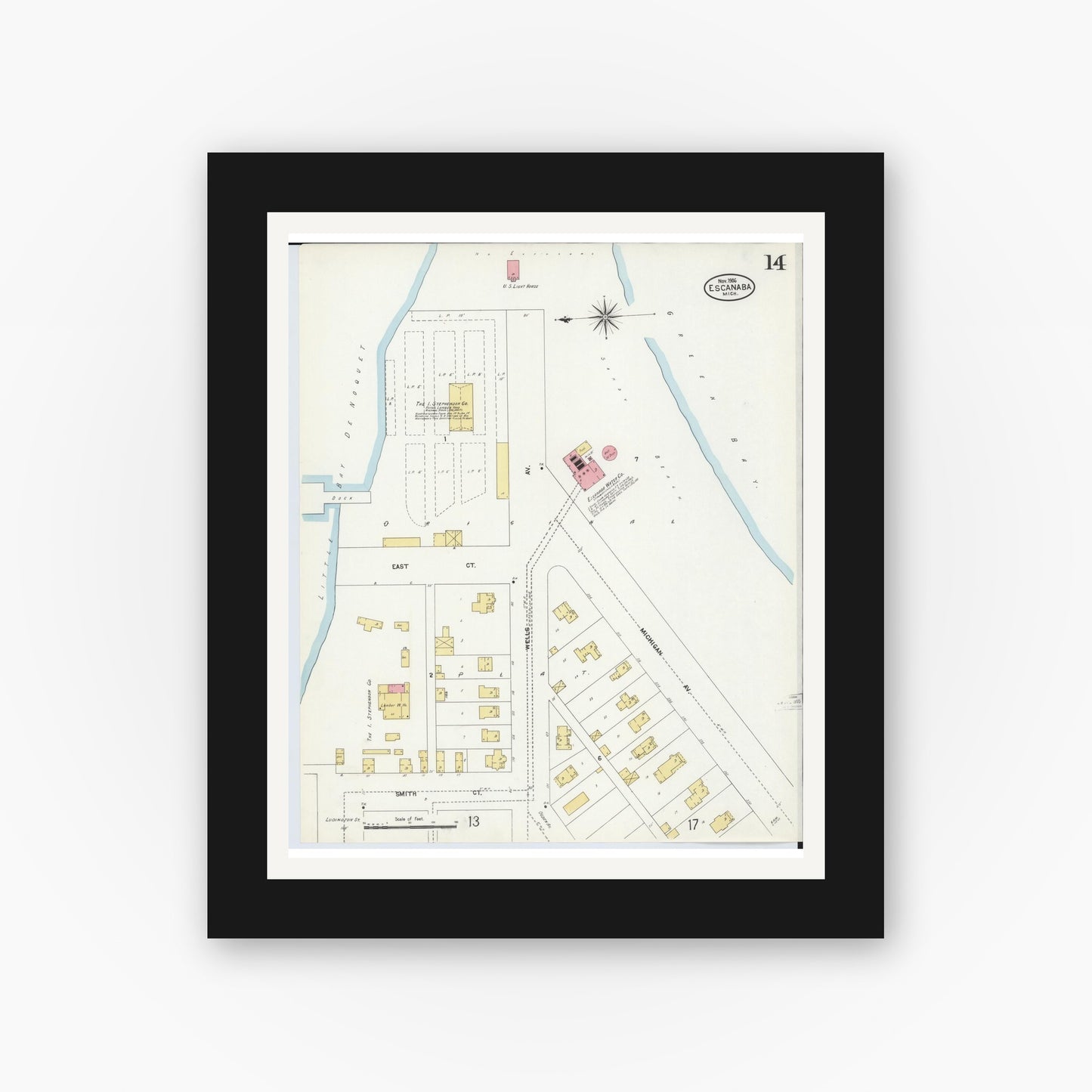 Old map wall art mockup — black gallery frame with white mat — Sanborn Fire Insurance Map from Escanaba, Delta County, Michigan (1906), Sheet #0014