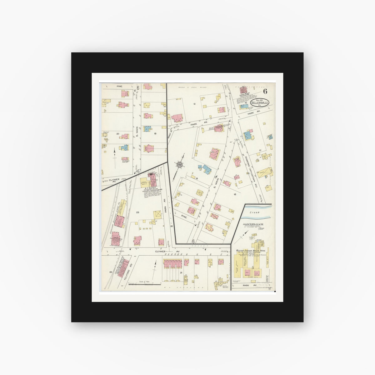 Old map wall art mockup β black gallery frame with white mat β Sanborn Fire Insurance Map from Sellersville, Bucks County, Pennsylvania (1913), Sheet #0006
