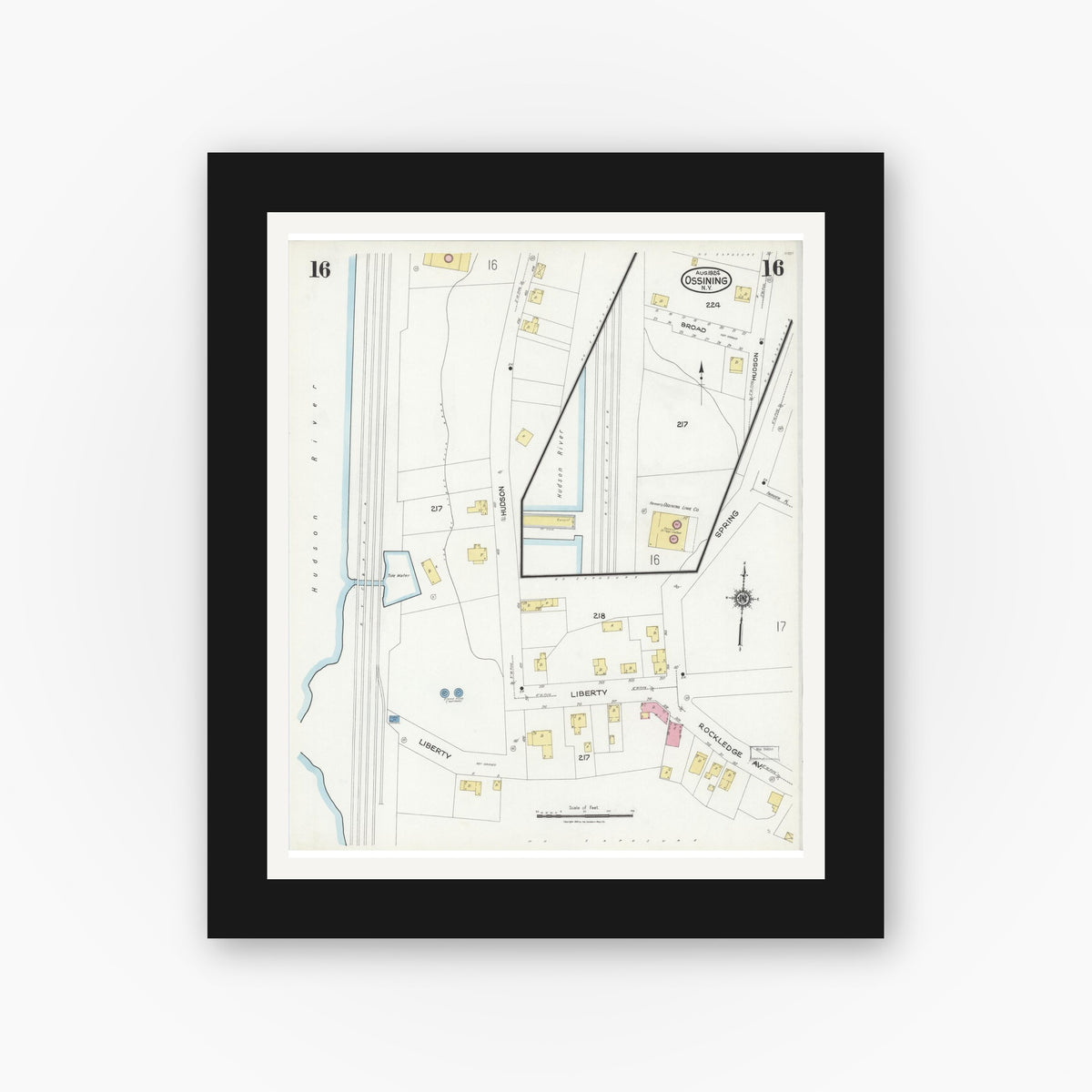 Old map wall art mockup — black gallery frame with white mat — Sanborn Fire Insurance Map from Ossining, Westchester County, New York (1924), Sheet #0016