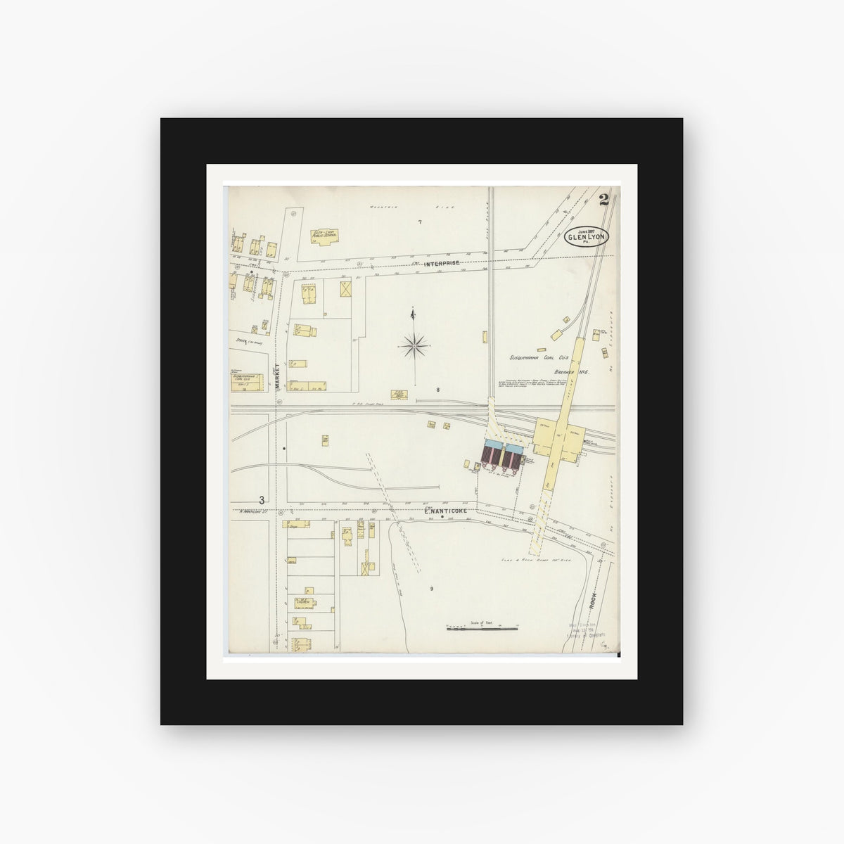 Old map wall art mockup — black gallery frame with white mat — Sanborn Fire Insurance Map from Glen Lyon, Luzerne County, Pennsylvania (1897), Sheet #0002