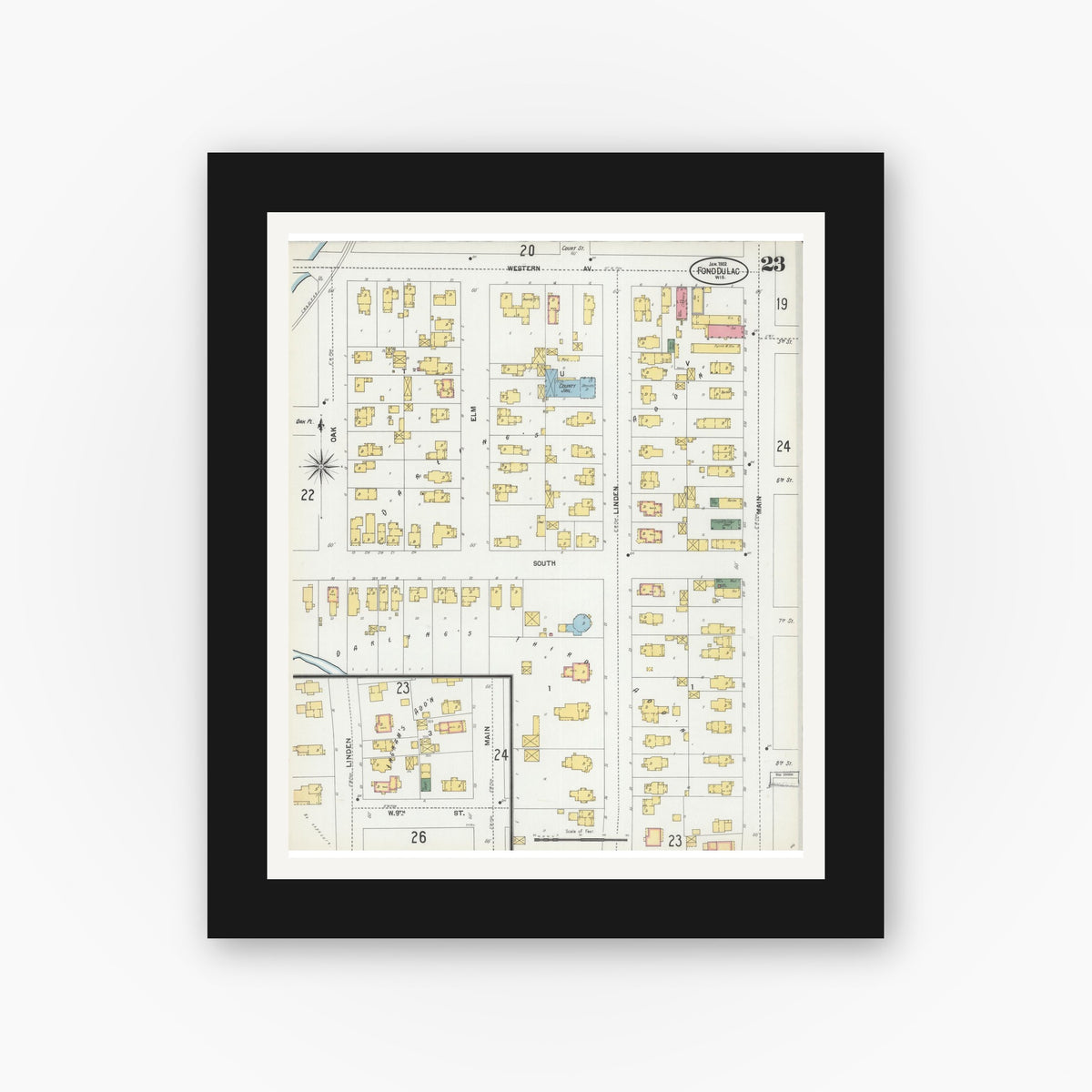 Old map wall art mockup — black gallery frame with white mat — Sanborn Fire Insurance Map from Fond du Lac, Fond du Lac County, Wisconsin (1902), Sheet #0023