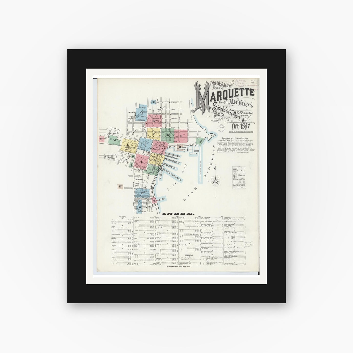 Old map wall art mockup — black gallery frame with white mat — Sanborn Fire Insurance Map from Marquette, Marquette County, Michigan (1897) - Complete Map Set