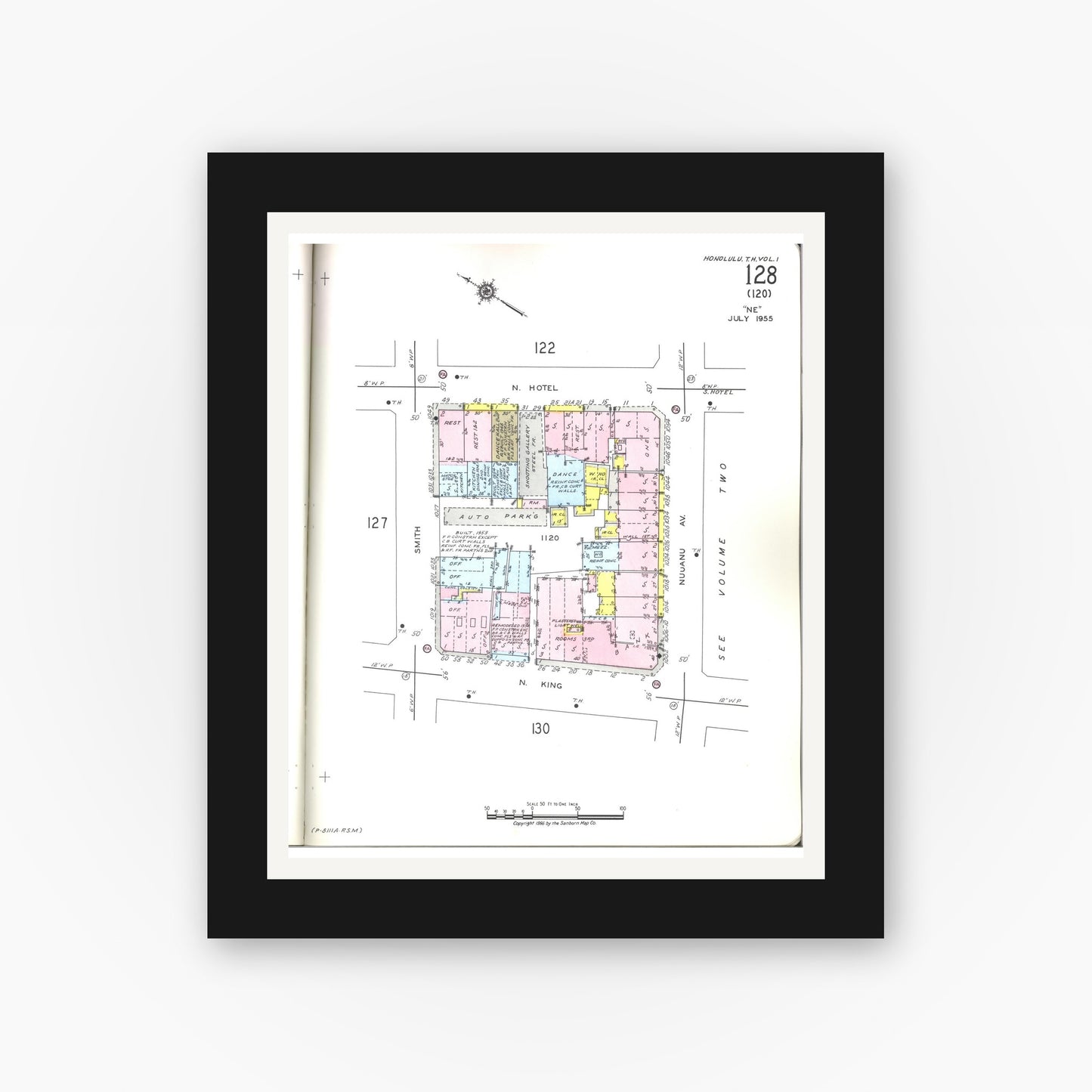 Old map wall art mockup — black gallery frame with white mat — Sanborn Fire Insurance Map from Honolulu, Oahu County, Hawaii (1955), Sheet #0128