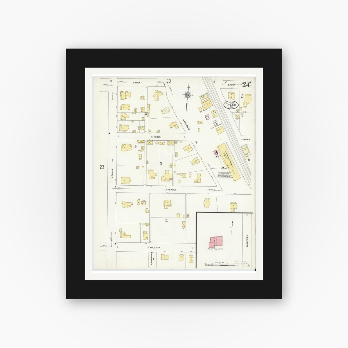 Old map wall art mockup — black gallery frame with white mat — Sanborn Fire Insurance Map from Tyler, Smith County, Texas (1912), Sheet #0024