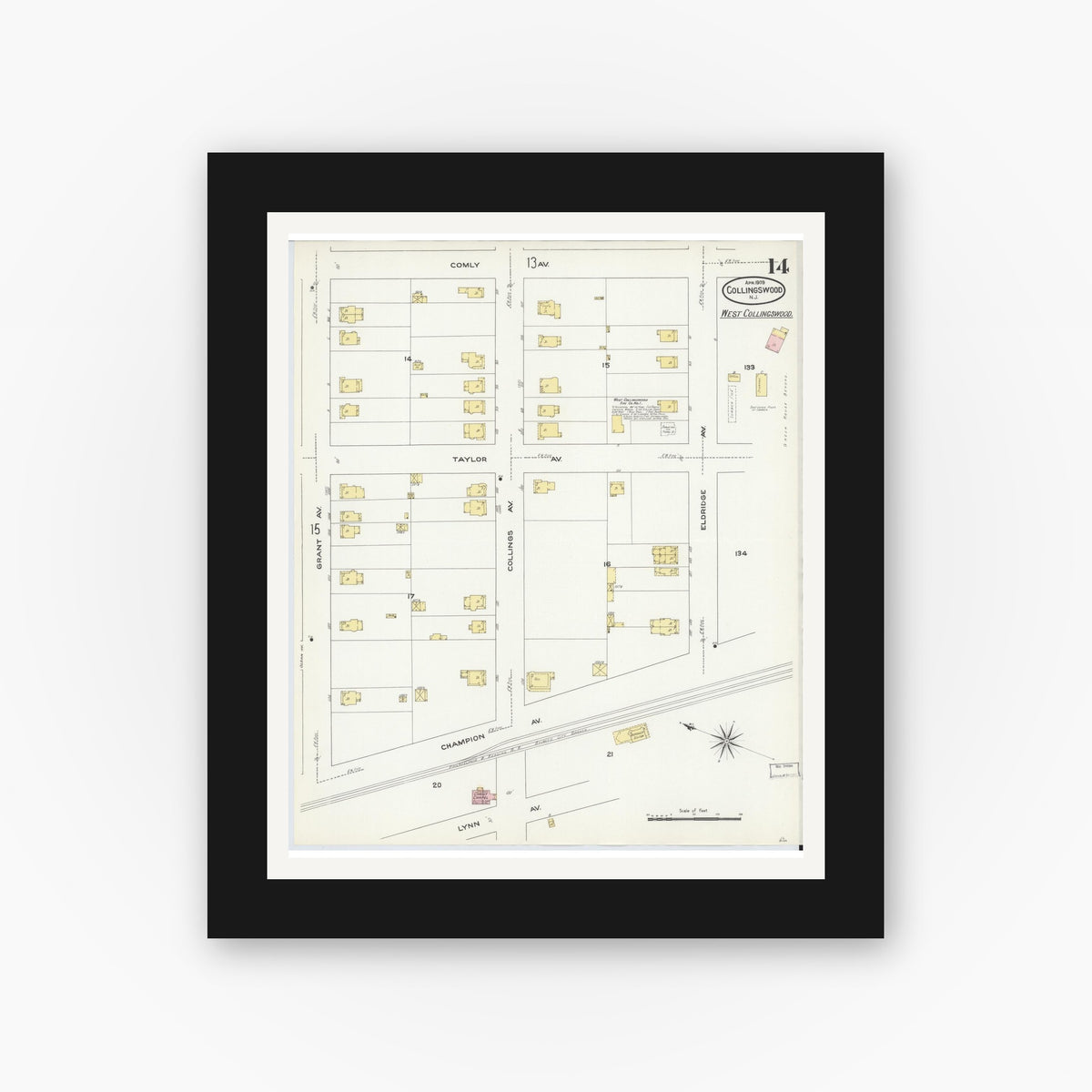 Old map wall art mockup — black gallery frame with white mat — Sanborn Fire Insurance Map from Collingswood, Camden County, New Jersey (1909), Sheet #0014