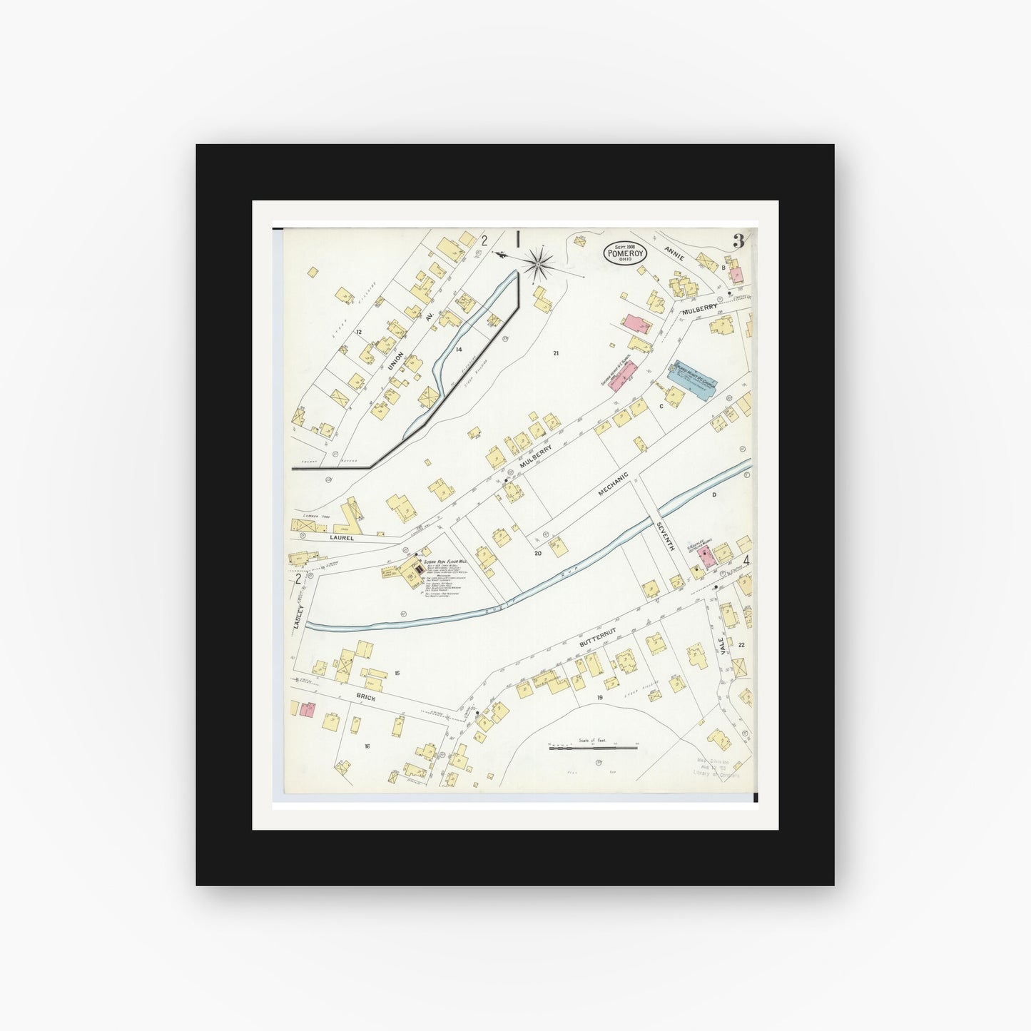 Old map wall art mockup — black gallery frame with white mat — Sanborn Fire Insurance Map from Pomeroy, Meigs County, Ohio (1908), Sheet #0003