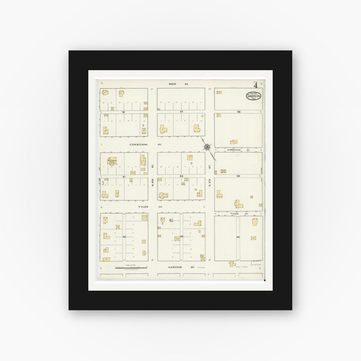 Old map wall art mockup — black gallery frame with white mat — Sanborn Fire Insurance Map from Dawson, Navarro County, Texas (1921), Sheet #0004