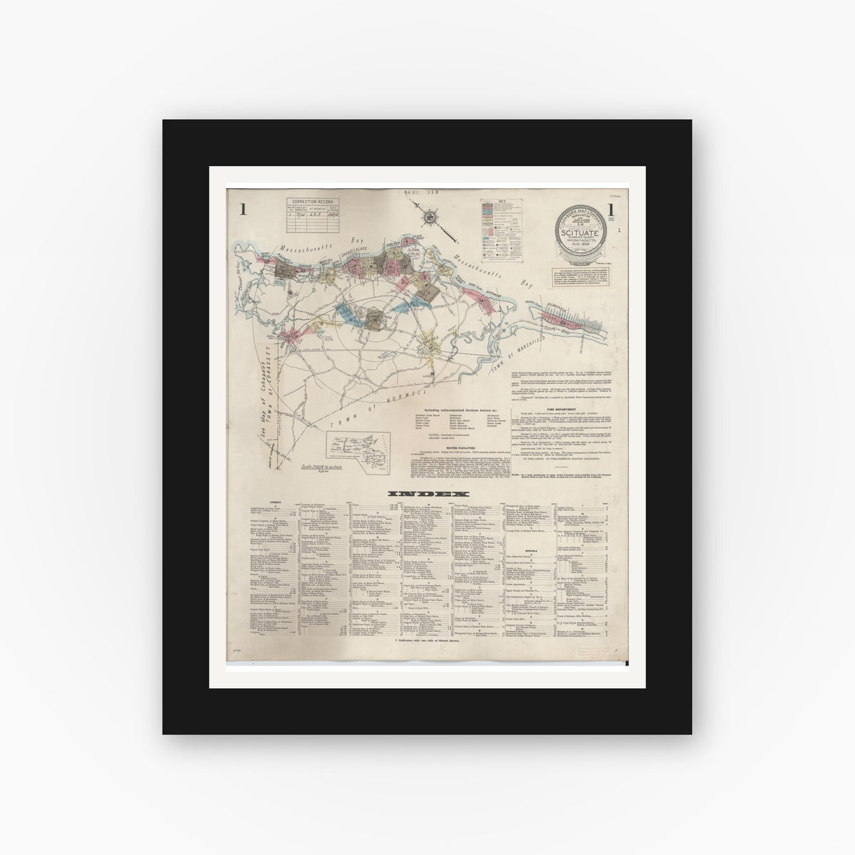 Old map wall art mockup — black gallery frame with white mat — Sanborn Fire Insurance Map from Scituate, Plymouth County, Massachusetts (1944) - Complete Map Set