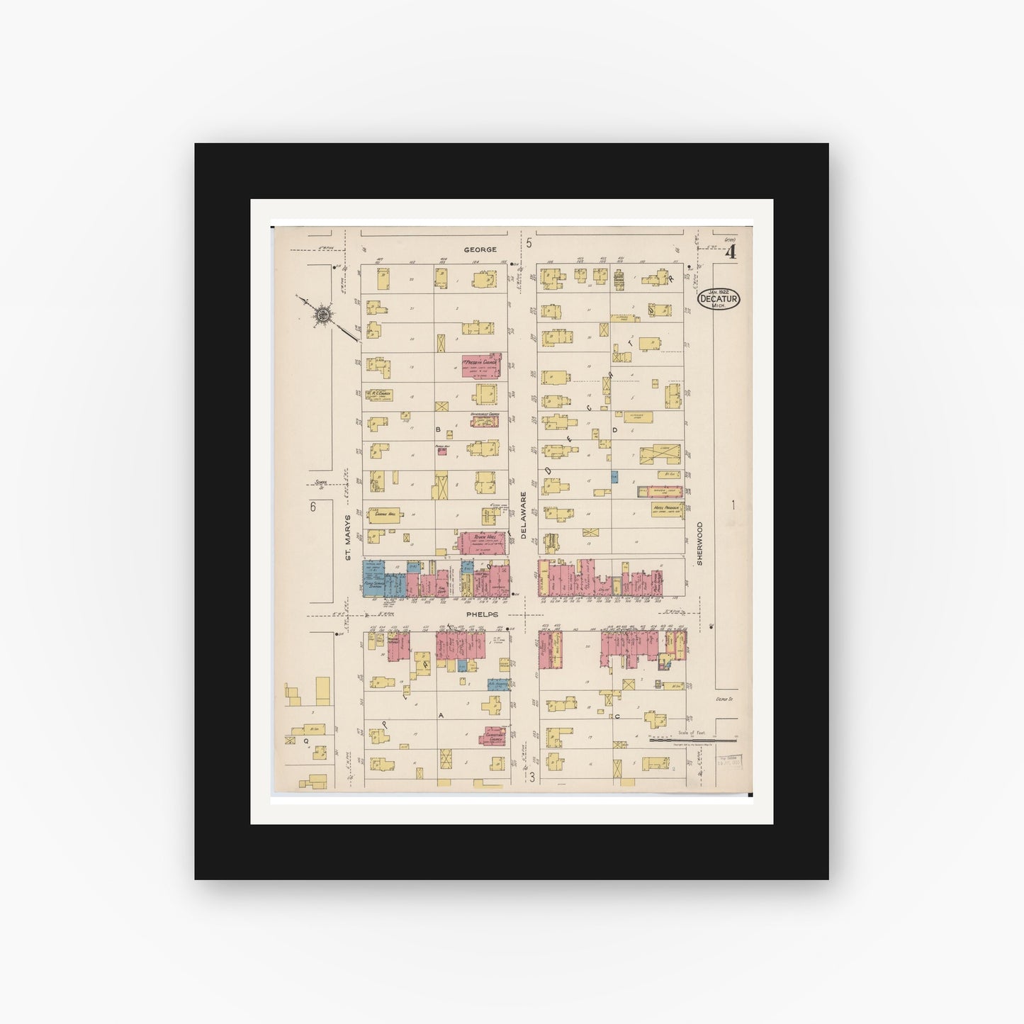 Old map wall art mockup — black gallery frame with white mat — Sanborn Fire Insurance Map from Decatur, Van Buren County, Michigan (1922), Sheet #0004