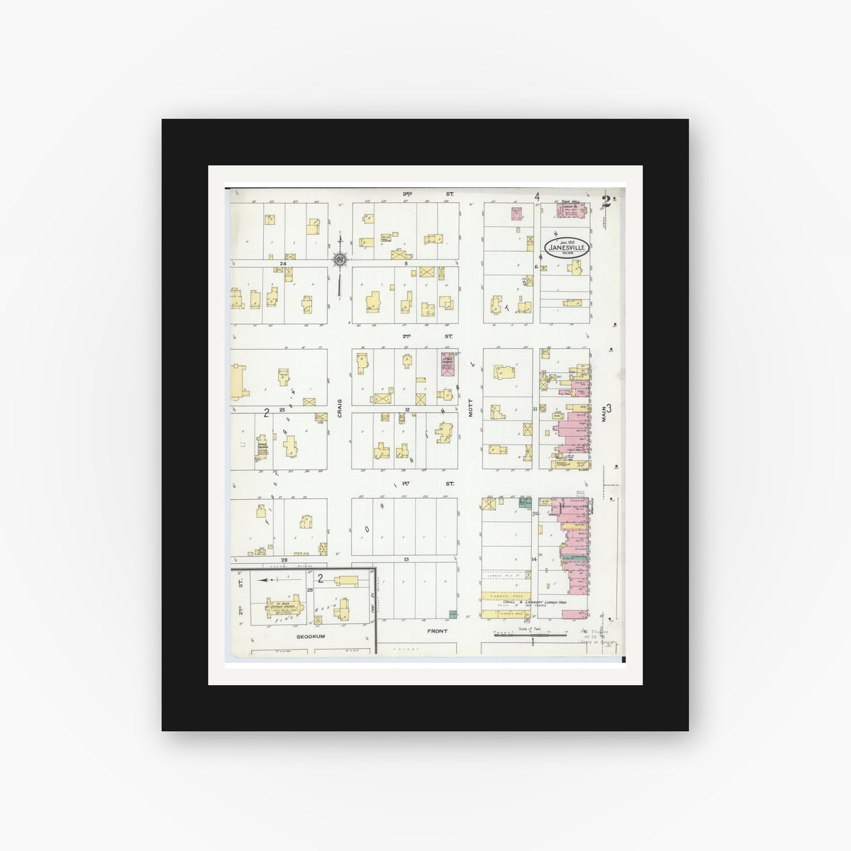 Old map wall art mockup — black gallery frame with white mat — Sanborn Fire Insurance Map from Janesville, Waseca County, Minnesota (1910), Sheet #0002