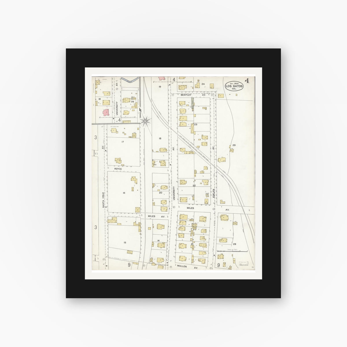 Old map wall art mockup — black gallery frame with white mat — Sanborn Fire Insurance Map from Los Gatos, Santa Clara County, California (1904), Sheet #0004