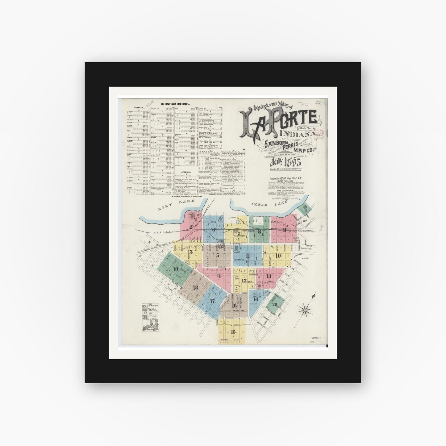 Old map wall art mockup — black gallery frame with white mat — Sanborn Fire Insurance Map from La Porte, La Porte County, Indiana (1895), Sheet #0001