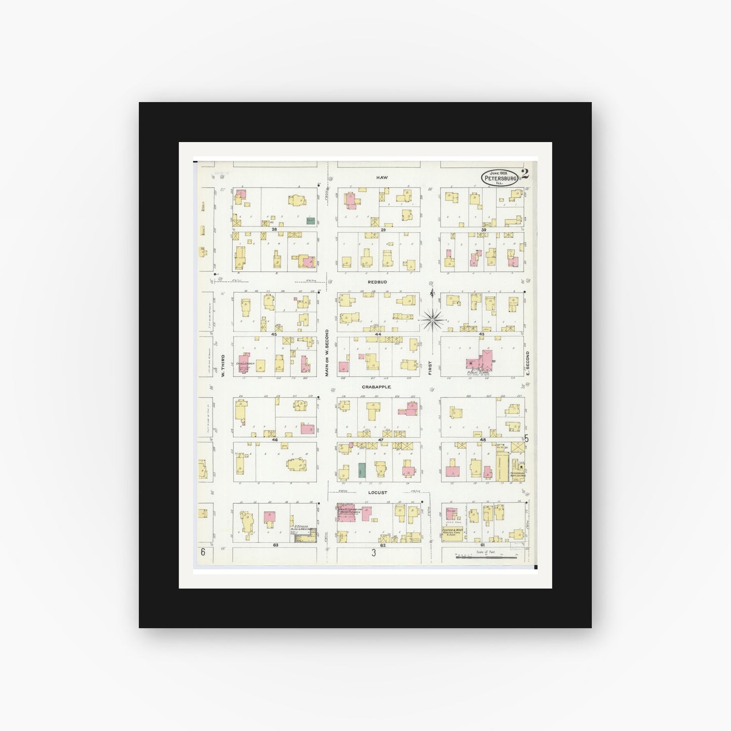 Old map wall art mockup — black gallery frame with white mat — Sanborn Fire Insurance Map from Petersburg, Menard County, Illinois (1909), Sheet #0002