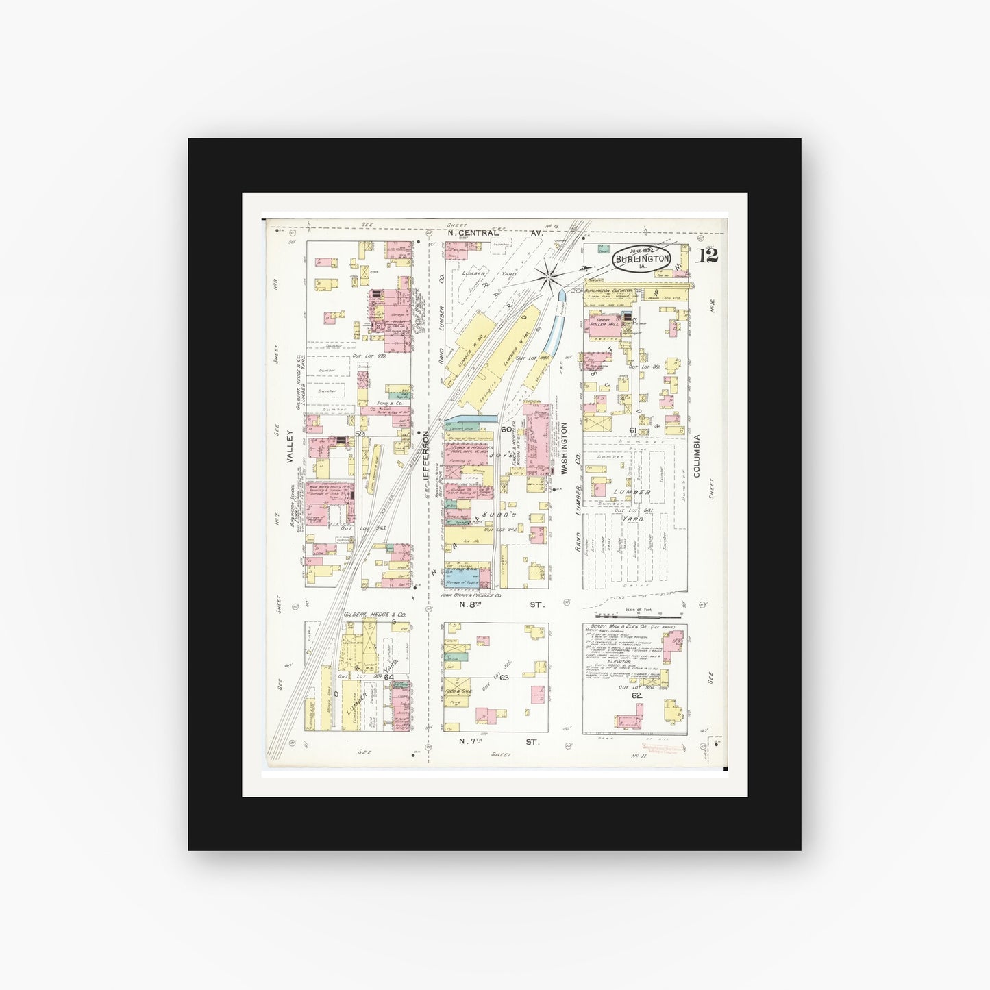 Old map wall art mockup — black gallery frame with white mat — Sanborn Fire Insurance Map from Burlington, Des Moines County, Iowa (1892), Sheet #0012