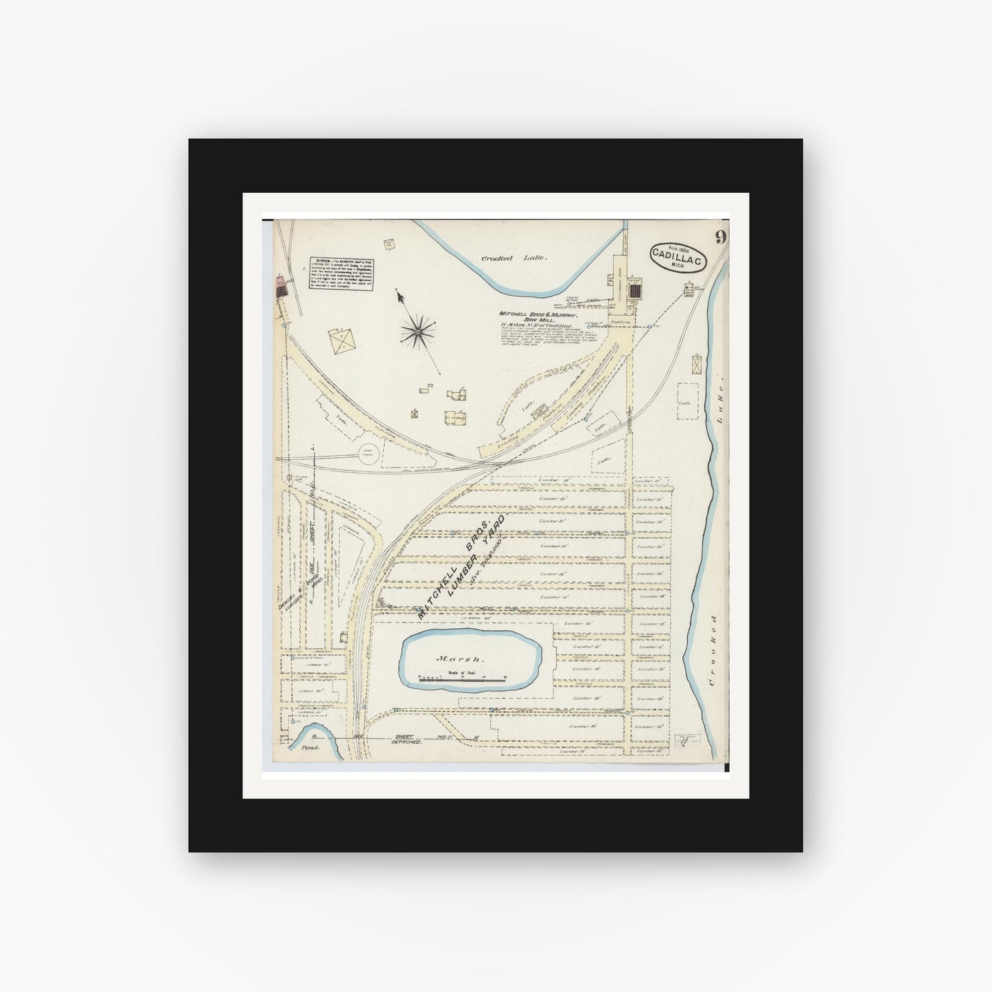 Old map wall art mockup — black gallery frame with white mat — Sanborn Fire Insurance Map from Cadillac, Wexford County, Michigan (1884), Sheet #0009