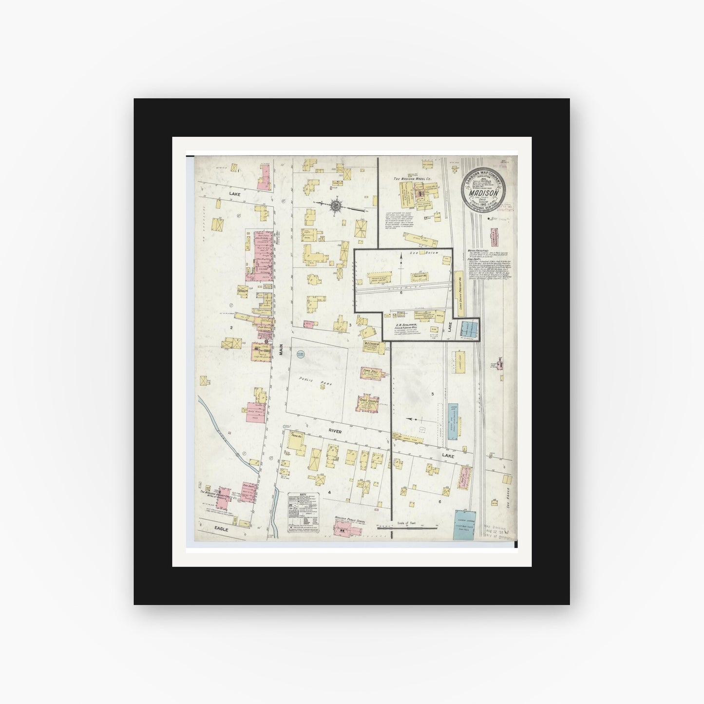 Old map wall art mockup — black gallery frame with white mat — Sanborn Fire Insurance Map from Madison, Lake County, Ohio (1910), Sheet #0001