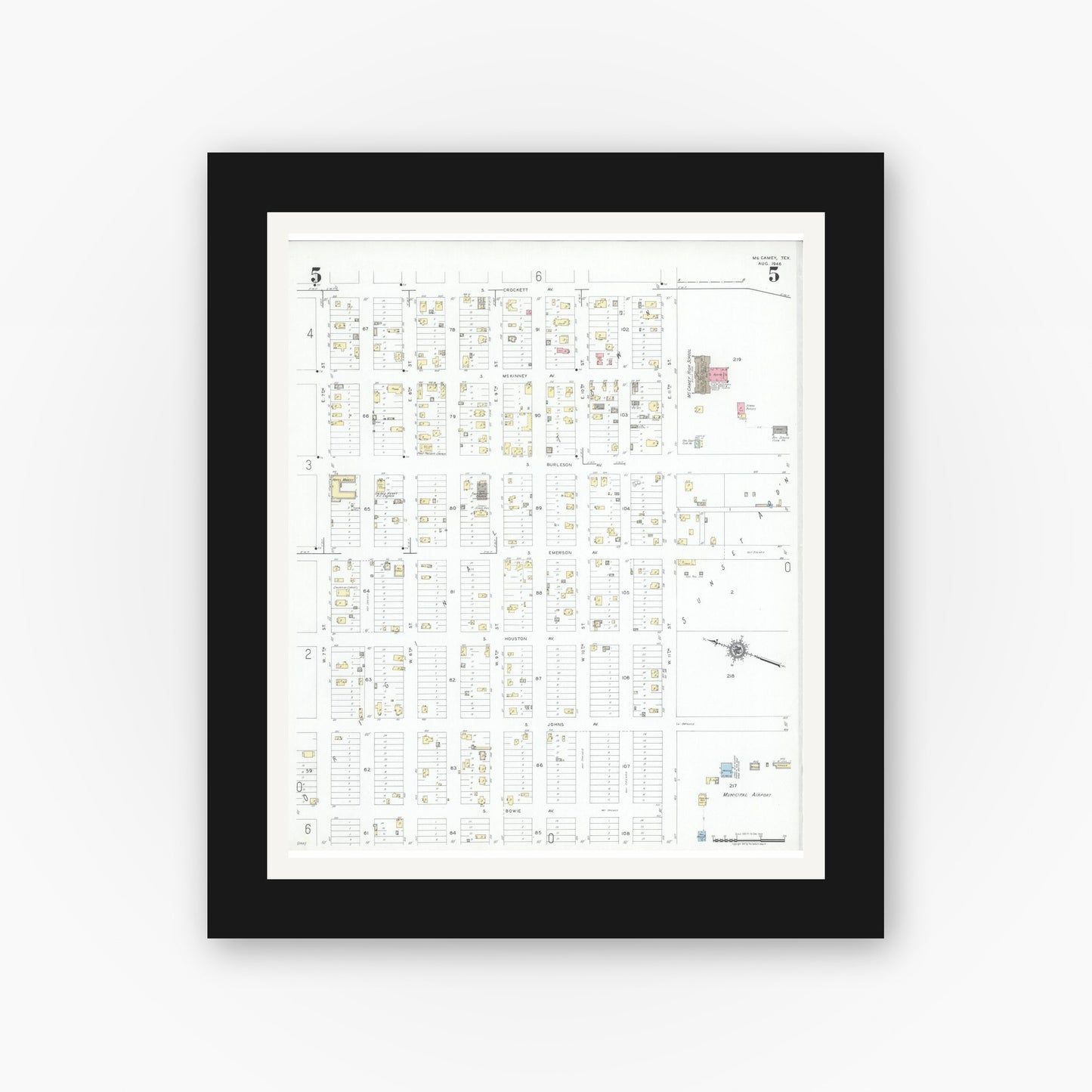 Old map wall art mockup — black gallery frame with white mat — Sanborn Fire Insurance Map from McCamey, Upton County, Texas (1946), Sheet #0005