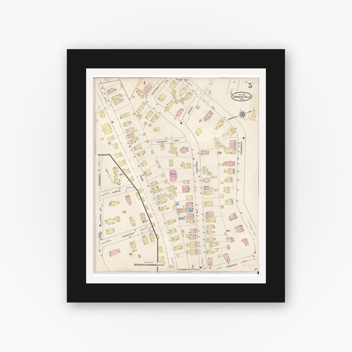 Old map wall art mockup — black gallery frame with white mat — Sanborn Fire Insurance Map from Turners Falls, Franklin County, Massachusetts (1940), Sheet #0005
